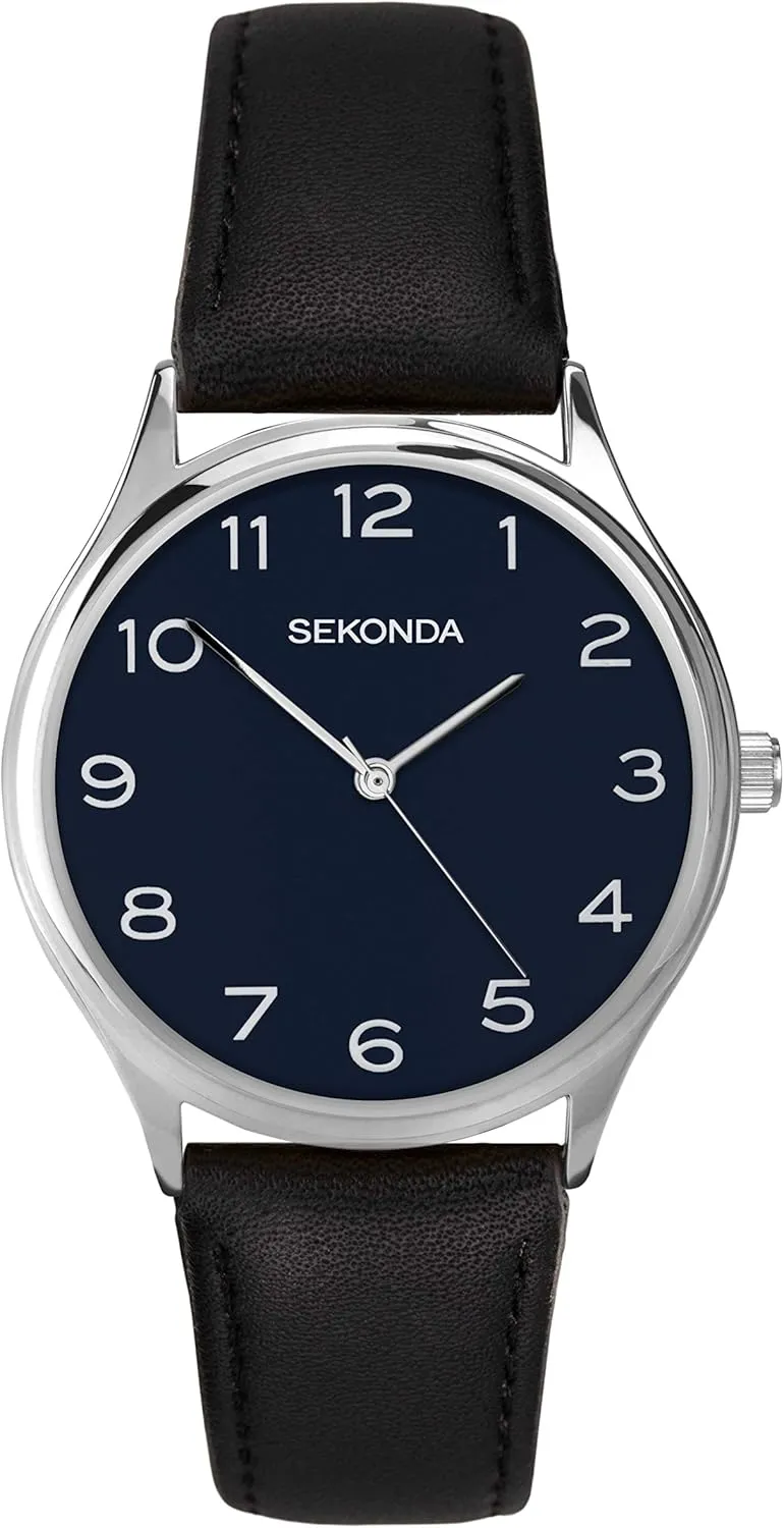 Bild von Sekonda 1852 Herren-Armbanduhr mit klassischem analogen Quarzwerk, mitternachtsblauem Zifferblatt und schwarzem Lederband