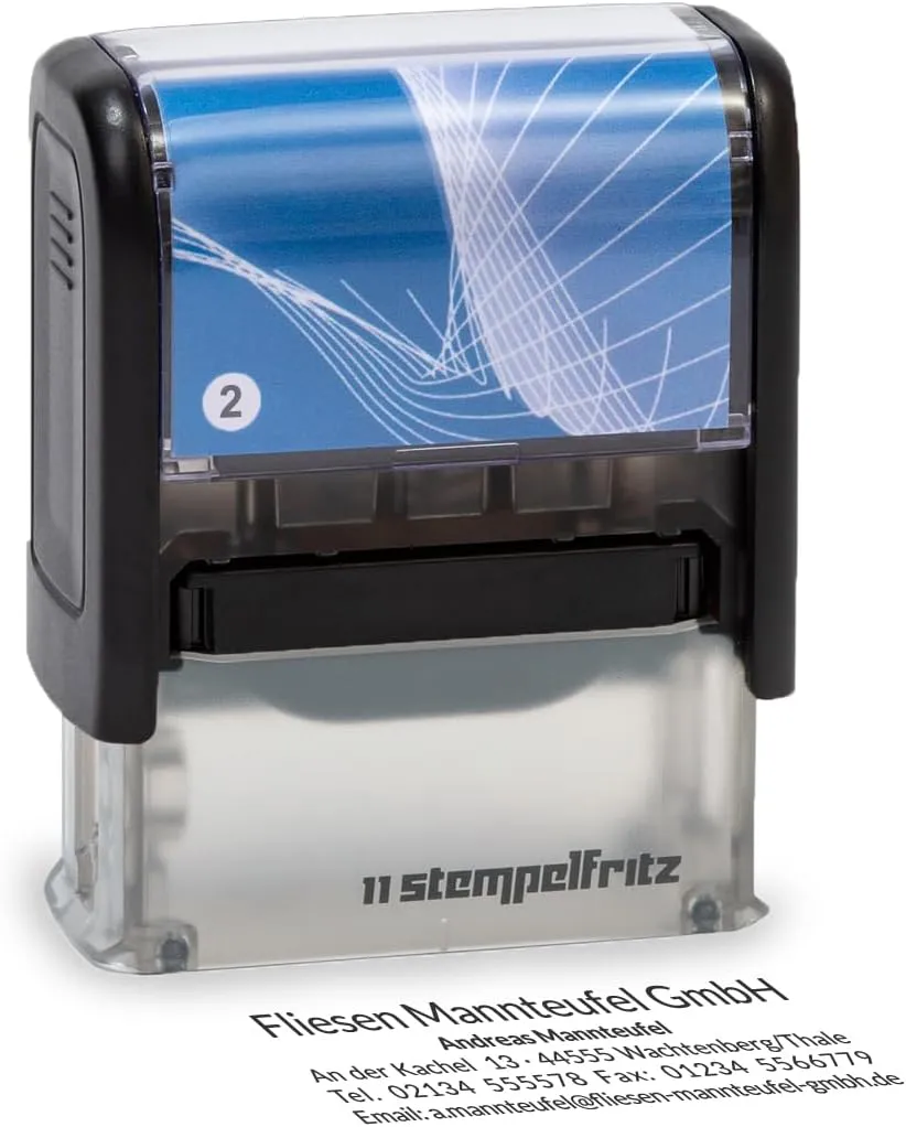 Bild von Selbstfärbender Stempel Stempelfritz Größe 2 in Schwarz-Blau, 47x18 mm, personalisierbar für bis zu 5 Zeilen