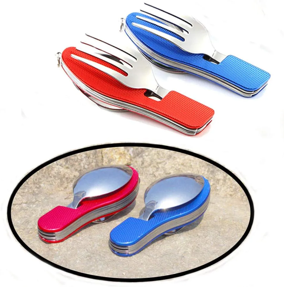 Bild von Senven 4-in-1 Campinggeschirr Set aus Edelstahl mit 2 Teilen in Rot und Blau, faltbar und abnehmbar