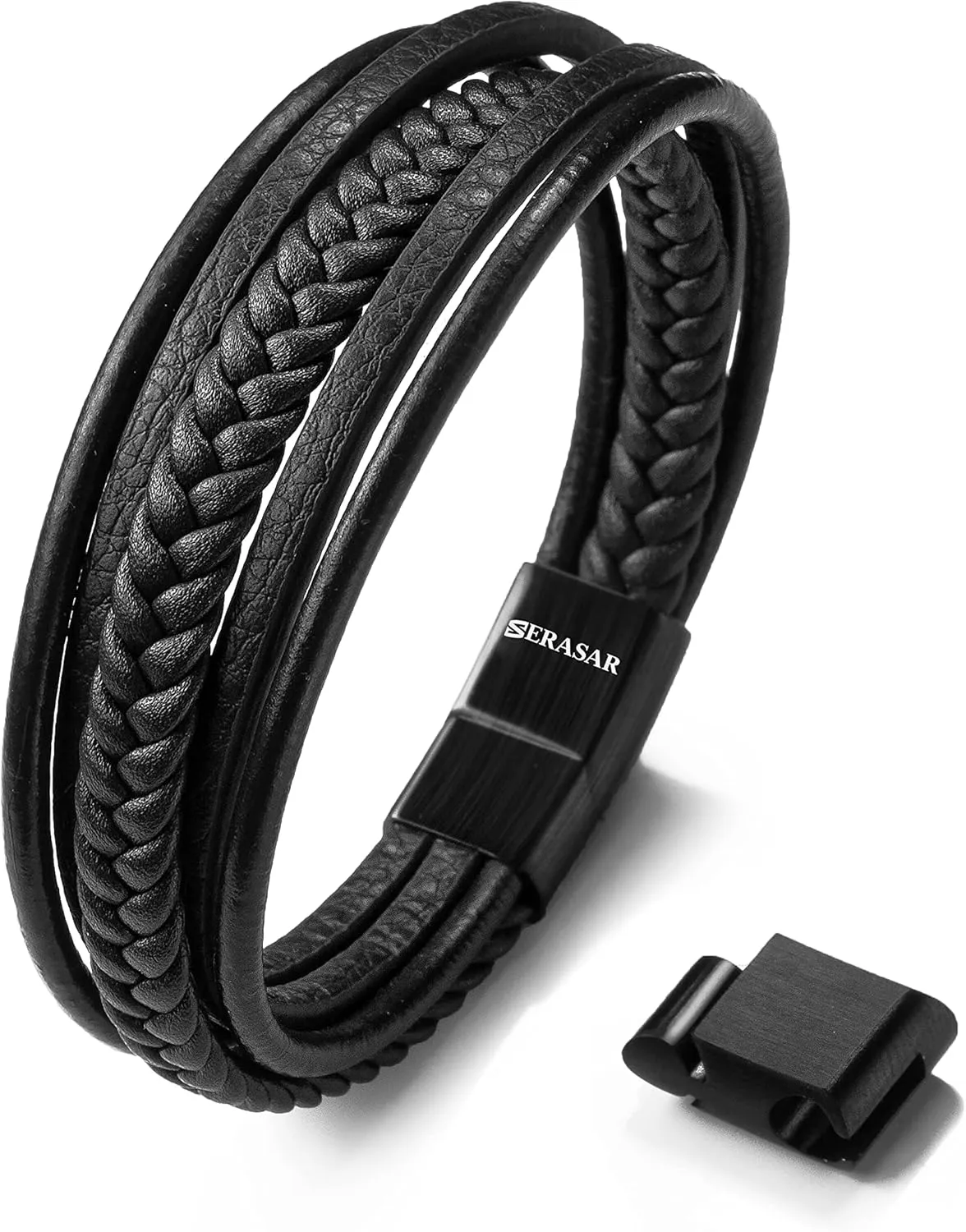 Bild von SERASAR Premium Echtlederarmband für Männer in Schwarz und Braun mit Magnetverschluss und Schmuckschachtel