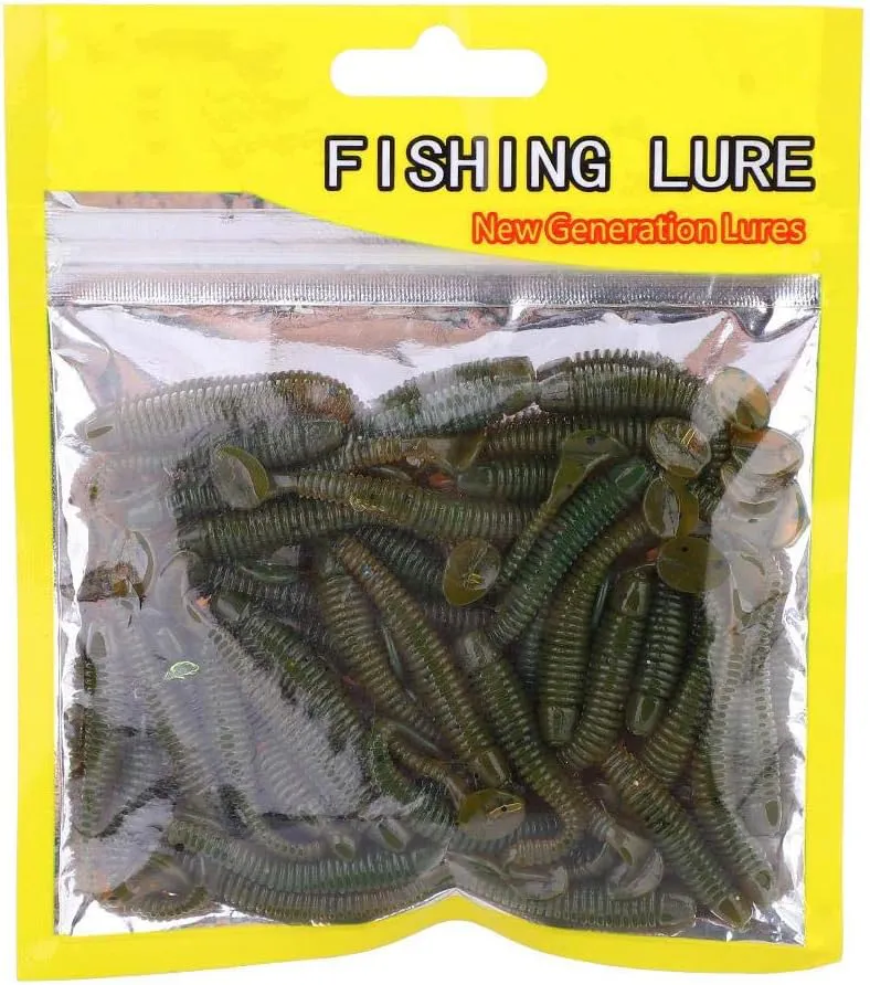 Bild von Set mit 50 weichen Angelködern aus Kunststoff in 9 Farben, 5 cm T-Schwanz Grub Wurm für Süß- und Salzwasser