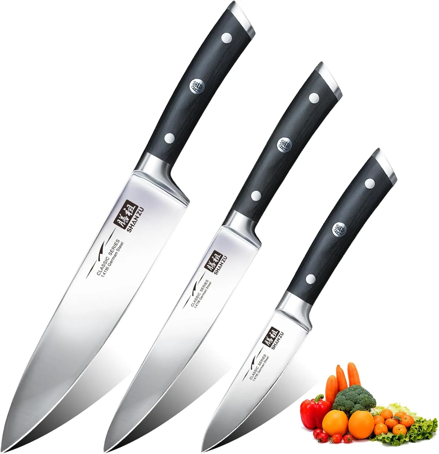 Bild von SHAN ZU 3-teiliges Messerset aus deutschem Edelstahl mit 20 cm Chefmesser, 15 cm Allzweckmesser und 9,5 cm Schälmesser