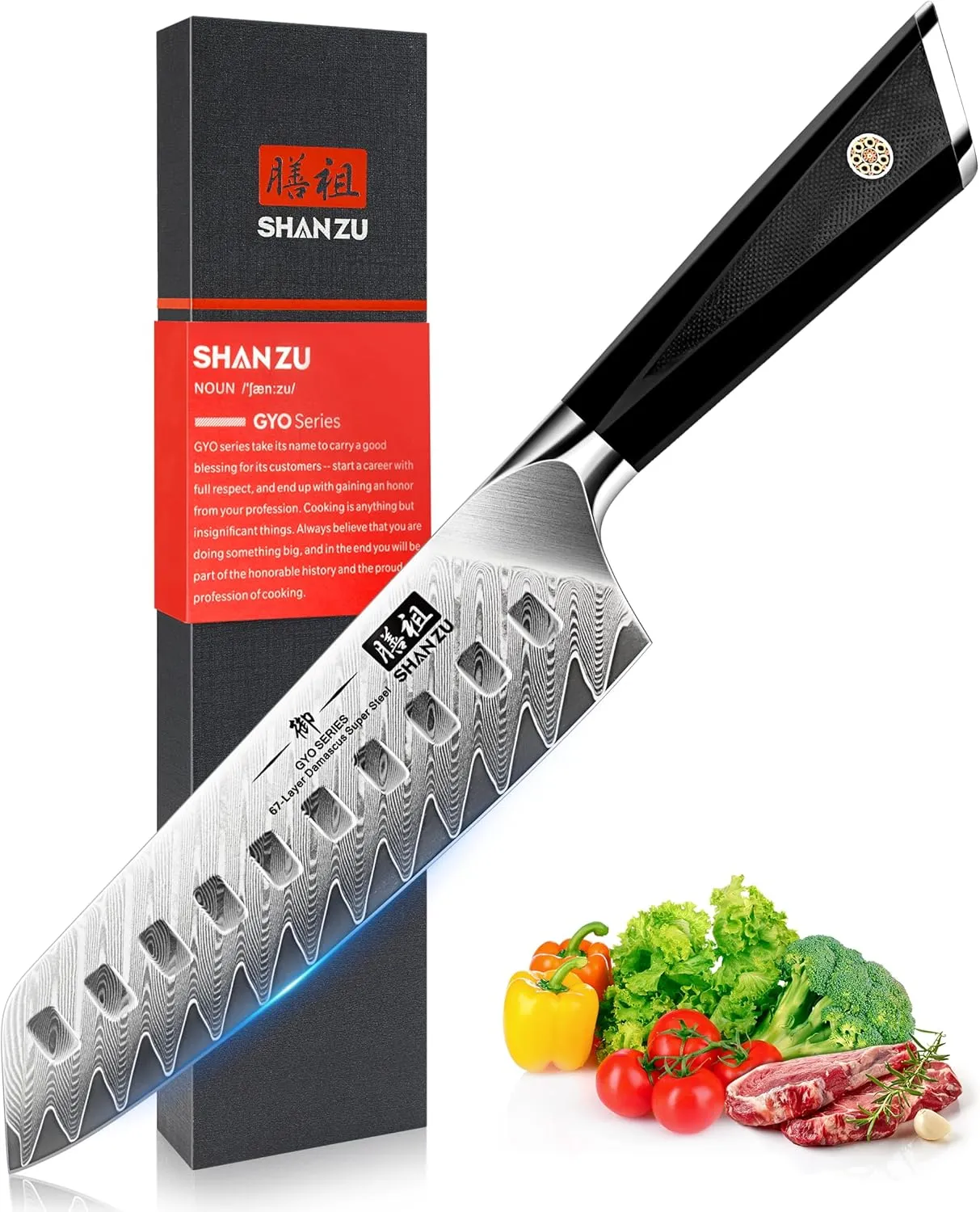 Bild von SHAN ZU GYO Series Santokumesser aus Damaskusstahl mit 18 cm Klinge und ergonomischem G10 Griff, inklusive Geschenkverpackung