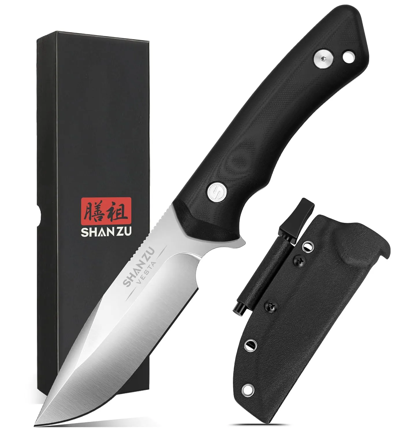 Bild von SHAN ZU Outdoor Messer mit feststehender Klinge aus D2 Stahl, inklusive Scheide und Feuerstahl, ideal für Camping und Jagd