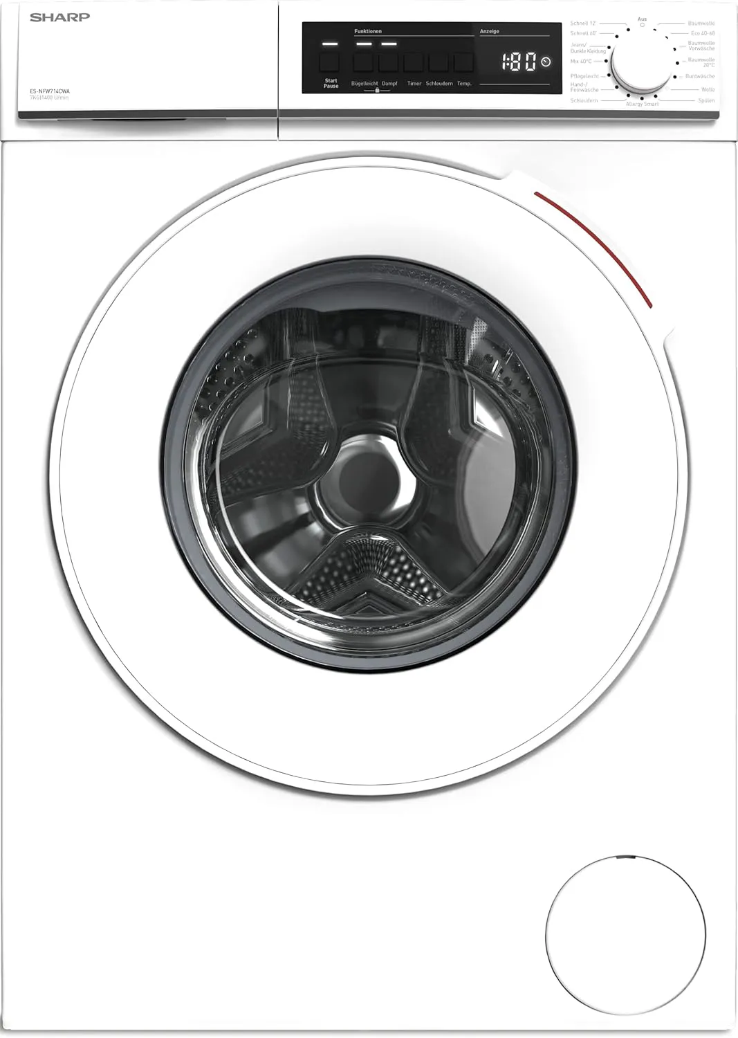 Bild von Sharp ES-NFW714CWA-DE Frontlader Waschmaschine mit 7 kg Fassungsvermögen, 1400 U/min und Advanced Inverter Motor, 15 Programme inklusive 12 Minuten Kurzprogramm und Dampffunktion, AquaStop in Weiß