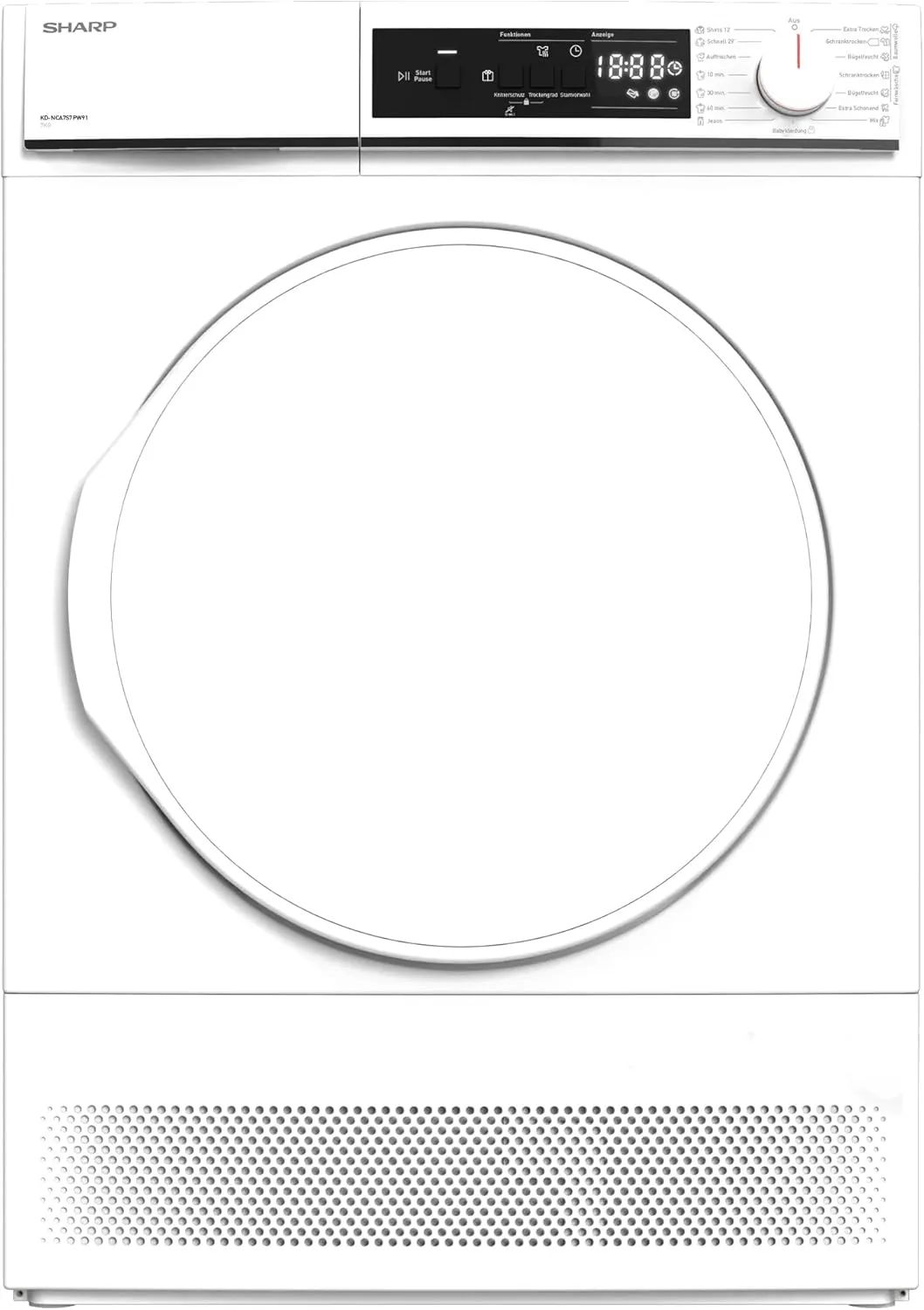 Bild von Sharp KD-NCA7S7PW91-DE Kondenstrockner mit 7 kg Kapazität, LED-Display, Trommelbeleuchtung und 15 Trockenprogrammen inklusive einem 12-Minuten-Schnelltrockenprogramm und Startzeitvorwahl