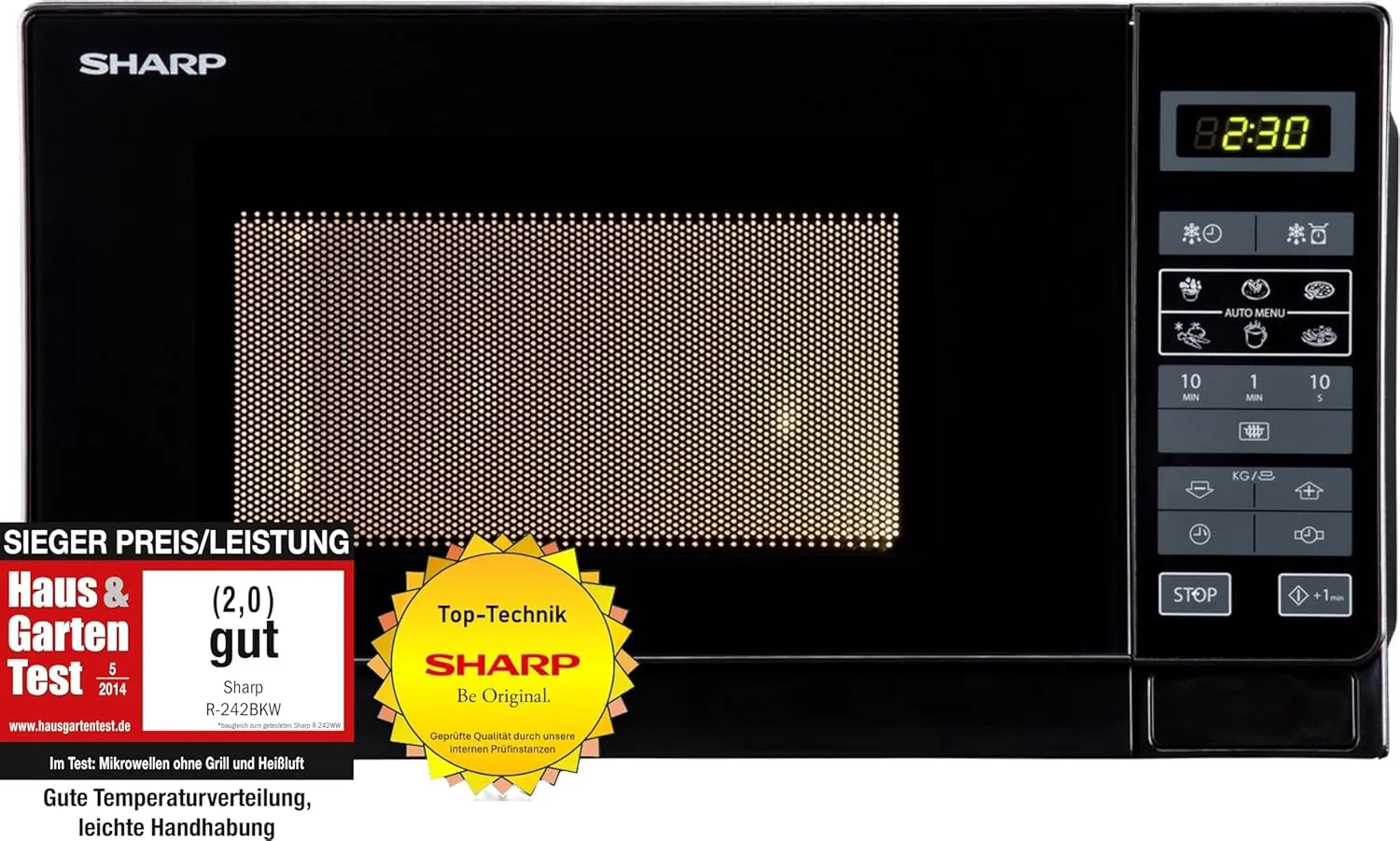 Bild von Sharp R242BKW Mikrowelle mit 20 Litern, 800 Watt, 5 Leistungsstufen, 8 Automatikprogrammen und Kindersicherung in Schwarz
