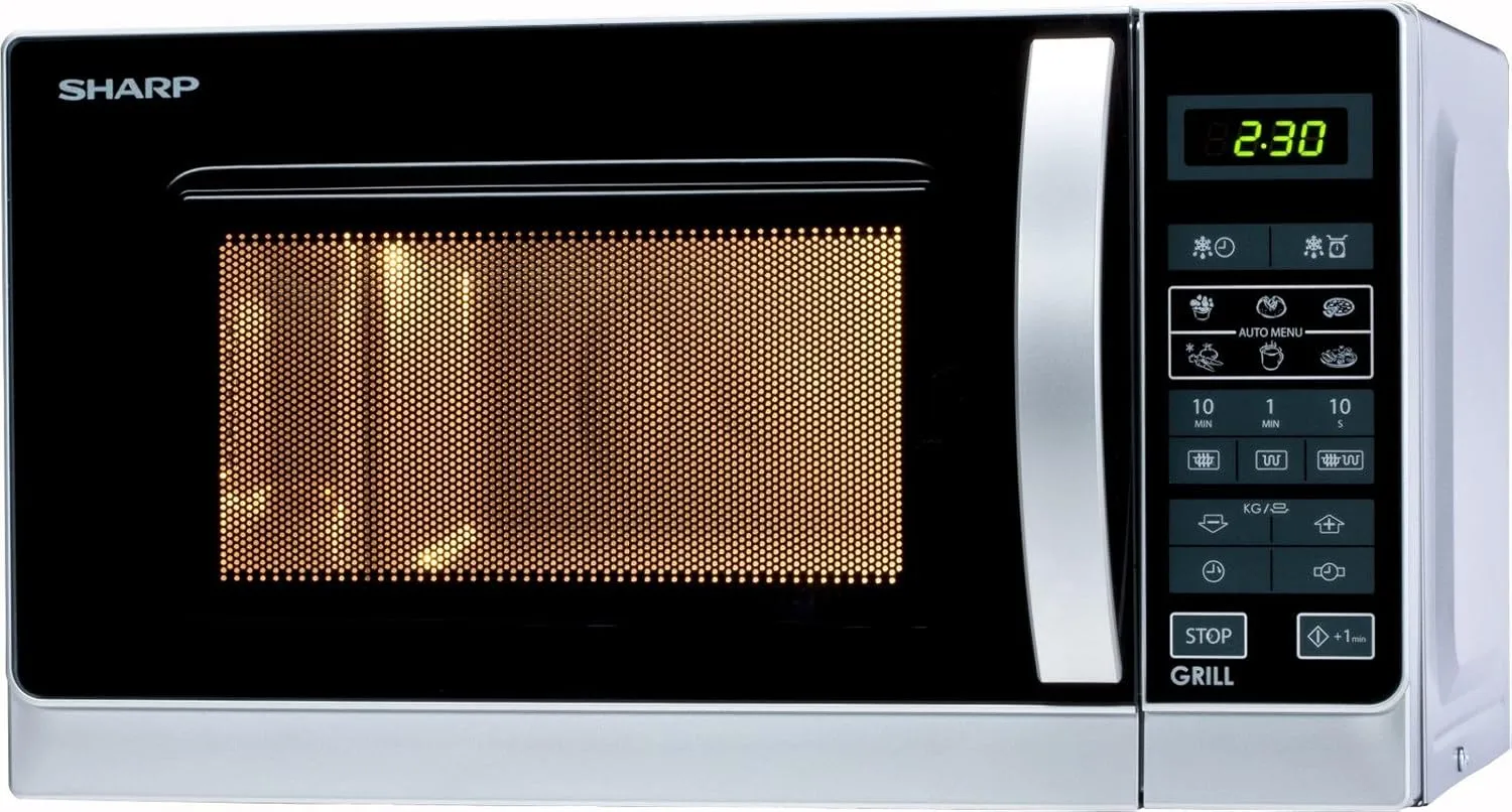 Bild von Sharp R642INW 2-in-1 Mikrowelle mit Grill/ 20 L/ 800 W/ 1000 W Quarzgrill/ 8 Automatikprogramme/ Timer/ Kindersicherung/ Energiesparmodus/ Glasdrehteller (25, 5 cm)/ silber