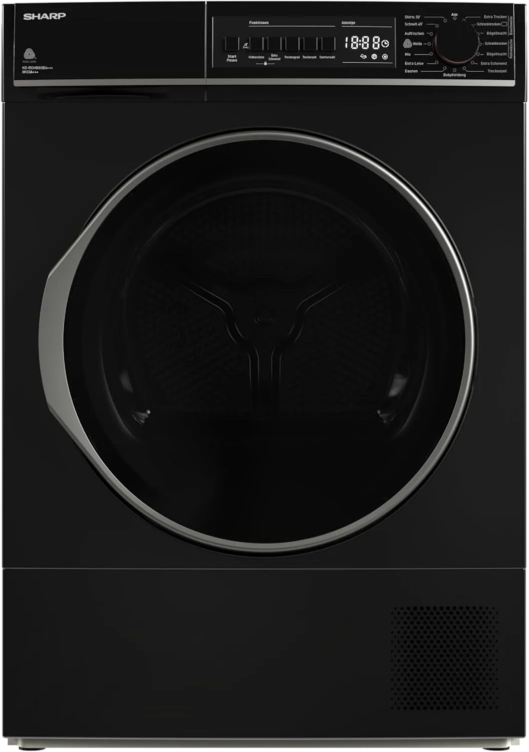 Bild von Sharp Wärmepumpentrockner KD-ROHB8GBA mit 8 kg Kapazität, 15 Programmen und LED-Trommelbeleuchtung in Schwarz