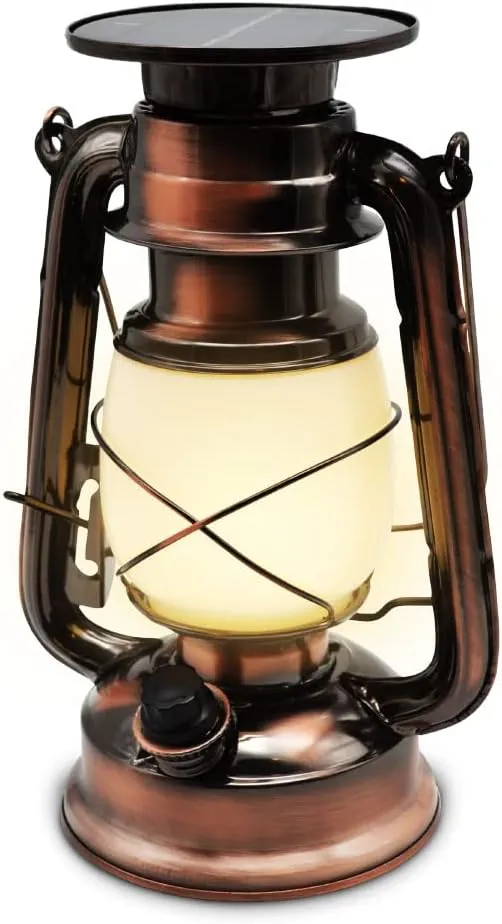Bild von Shopeco SOLARIS LED Solarlaterne im Retro Design aus Kupfer, dimmbar, mit warmweißem Licht und tauschbarem Akku, inklusive USB-C Ladefunktion