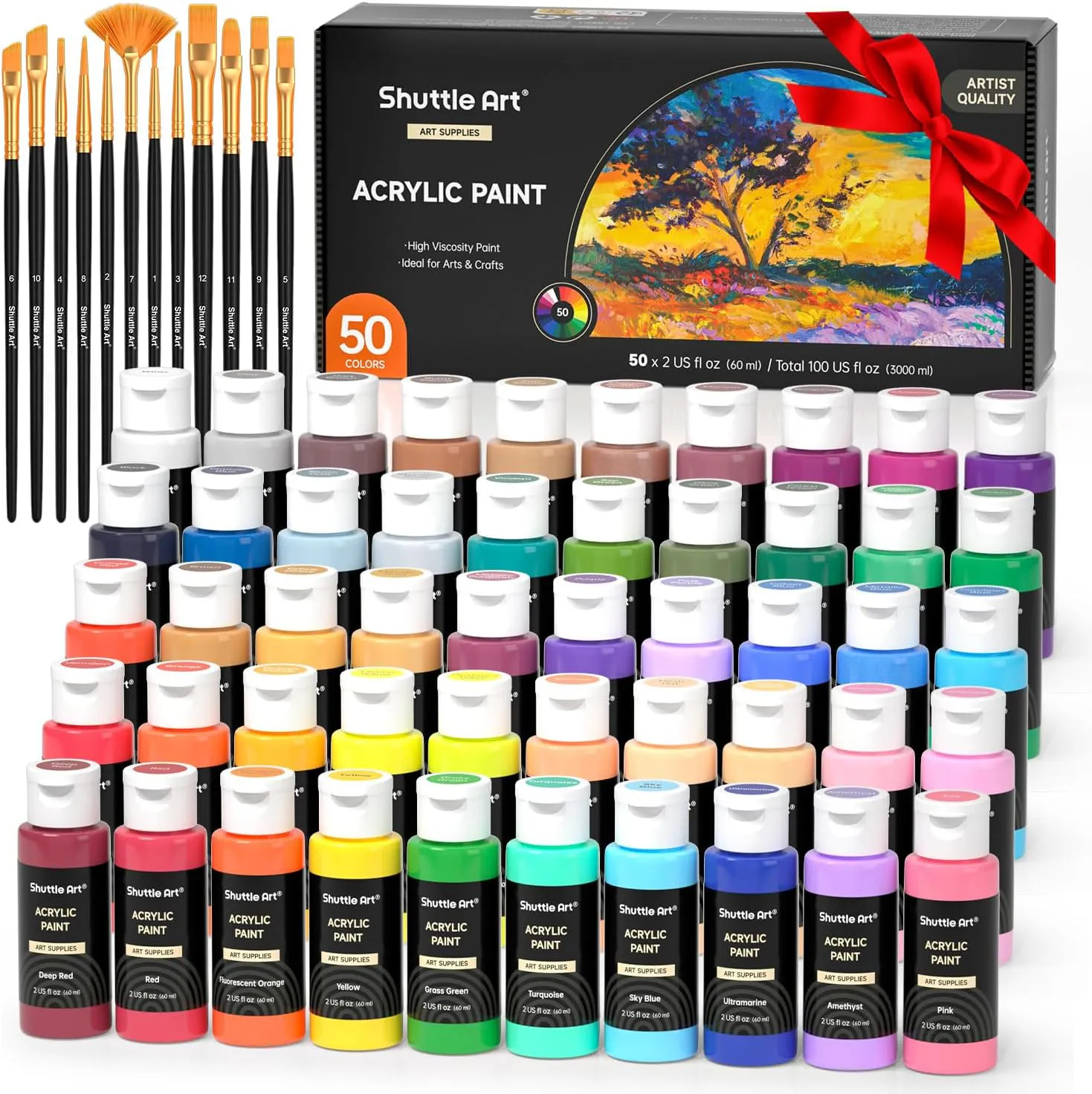 Bild von Shuttle Art Acrylfarben Set mit 50 hochpigmentierten Farben in 60 ml Flaschen, ungiftig und wasserfest, ideal für Künstler und Anfänger