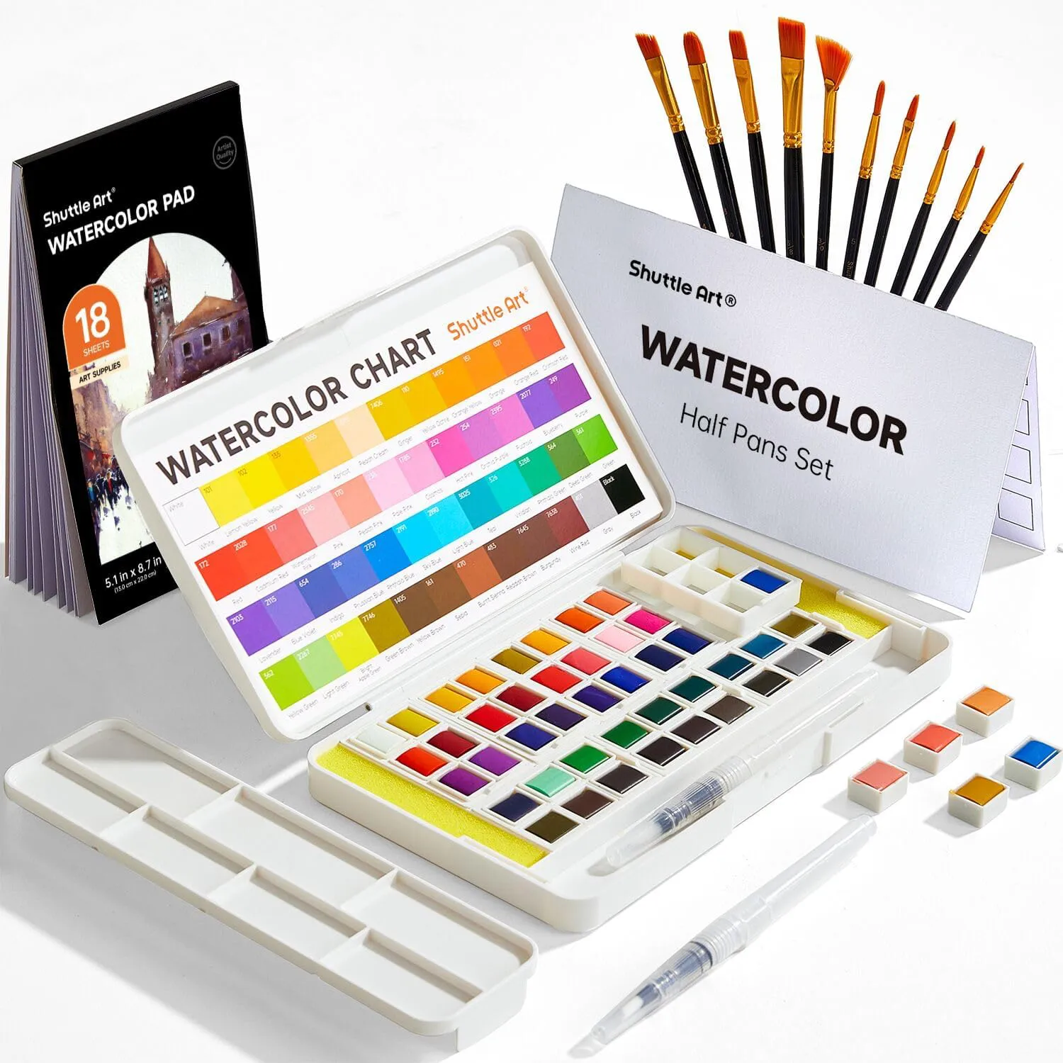 Bild von Shuttle Art Aquarellfarben Set mit 48 Wasserfarben, 2 Wasserpinseln, 10 Pinseln, einem Aquarellblock mit 18 Blättern, einer Palette und einem Kasten, geeignet für Kinder und Einsteiger