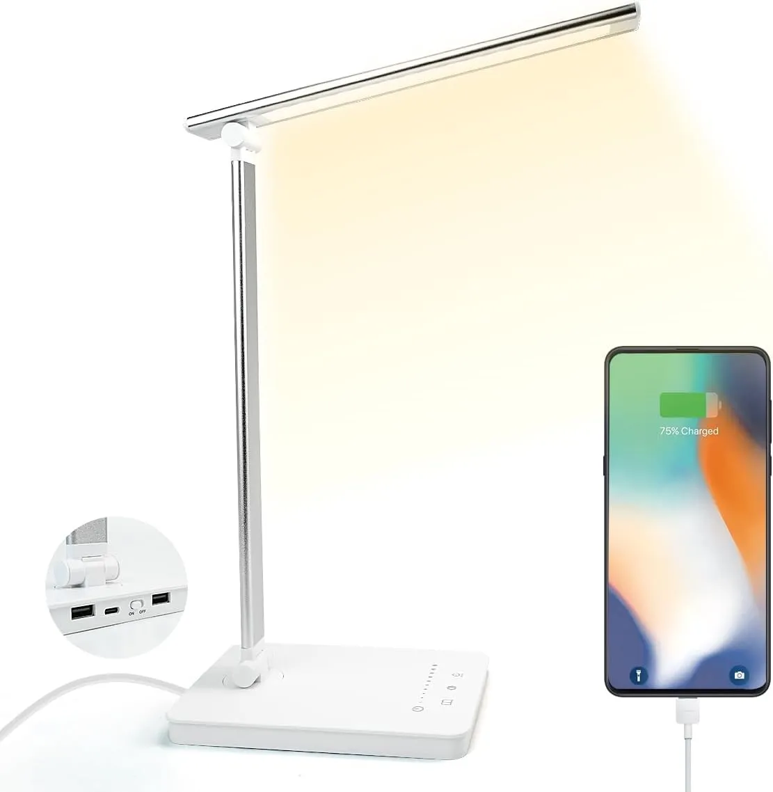 Bild von Shuwomart LED Schreibtischlampe mit Dimmfunktion, 5 Farben, 10 Helligkeitsstufen und 45-Minuten Timer, inklusive USB-Anschluss und Speicherfunktion