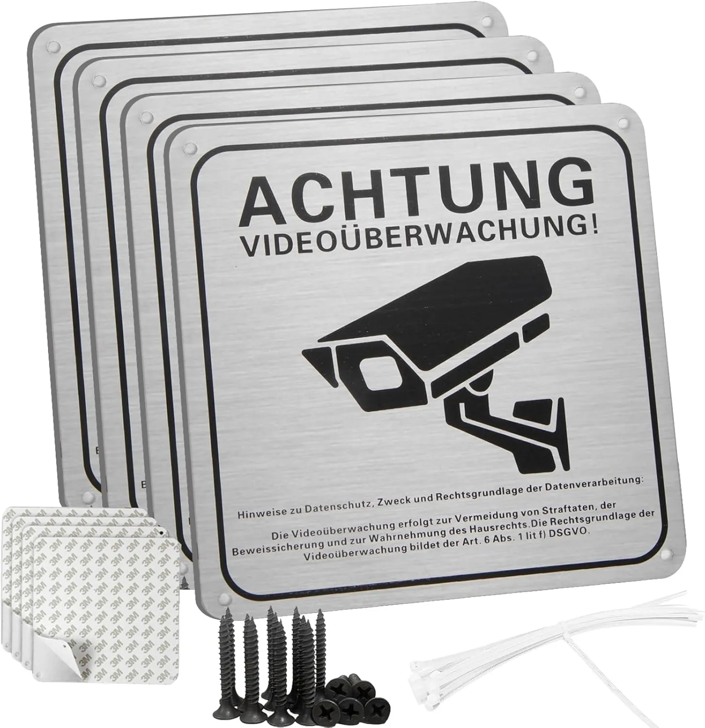 Bild von Sign 4er Set Videoüberwachungsschild für Privatgrundstück mit DSGVO Hinweis, 15x15 cm, aus 100% Aluminium, selbstklebend und mit 4 Bohrlöchern für den Außenbereich