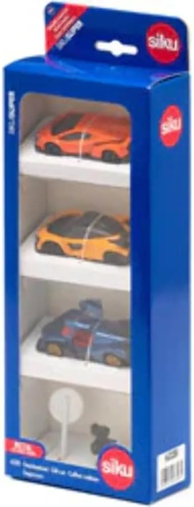 Bild von Siku 6328 Geschenkset Supercars mit Lamborghini Veneno, Apollo I.E. und McLaren Senna, inklusive Straßenschild und Blitzer