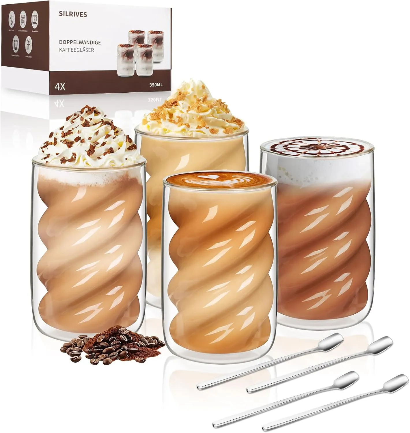 Bild von SILRIVES Doppelwandige Latte Macchiato Gläser im 2er Set mit 350ml und 2 Löffeln aus Borosilikatglas