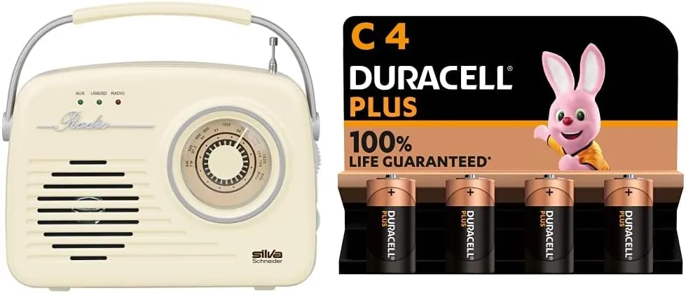 Bild von Silva Schneider Mono 1965 Kofferradio in Beige mit Netz- und Batteriebetrieb sowie Duracell Plus C Baby Alkaline Batterien im 4er-Pack