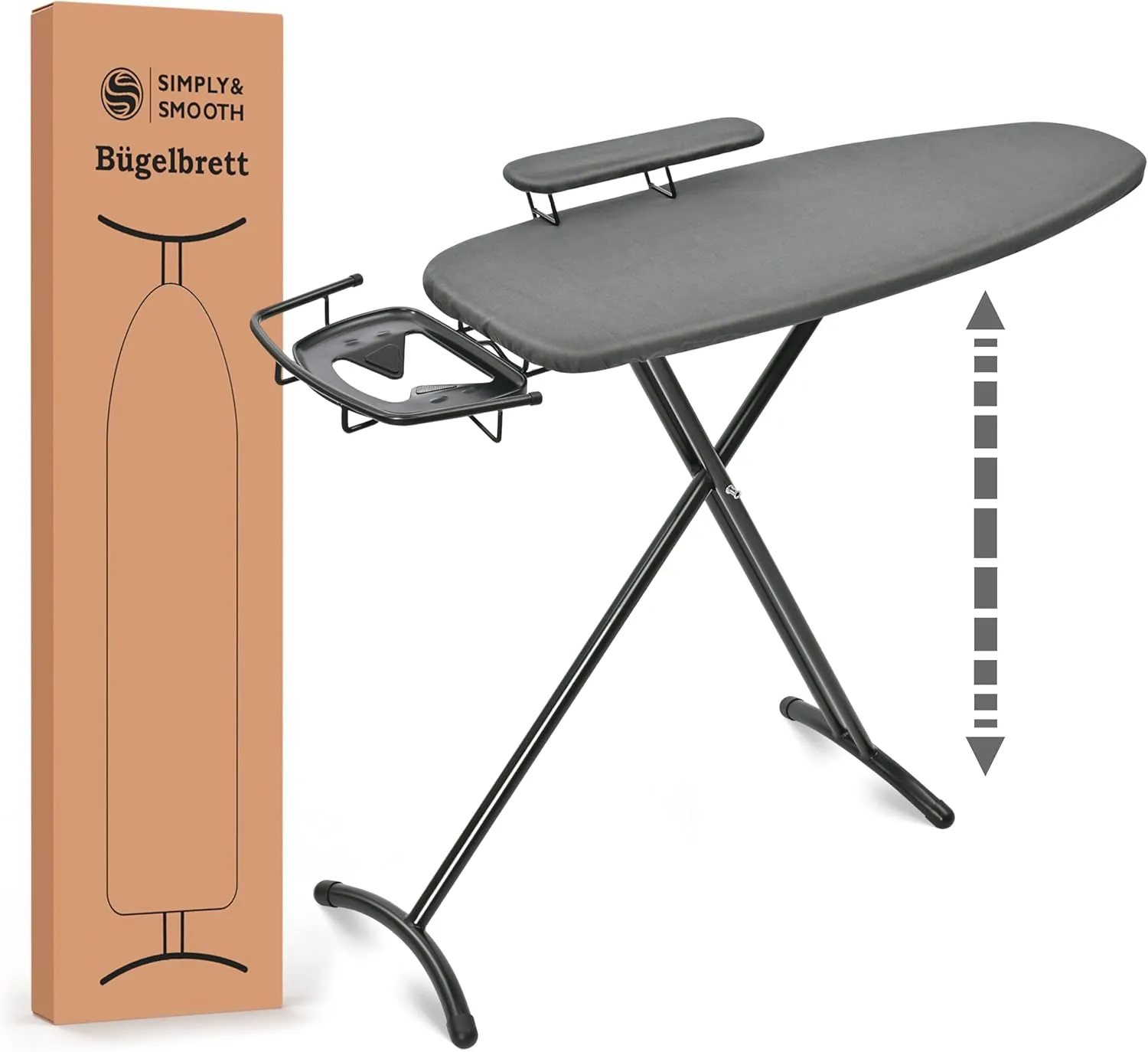 Bild von SimplySmooth Bügelbrett 110x35 cm höhenverstellbar mit Ärmelbrett und Bügeleisenablage