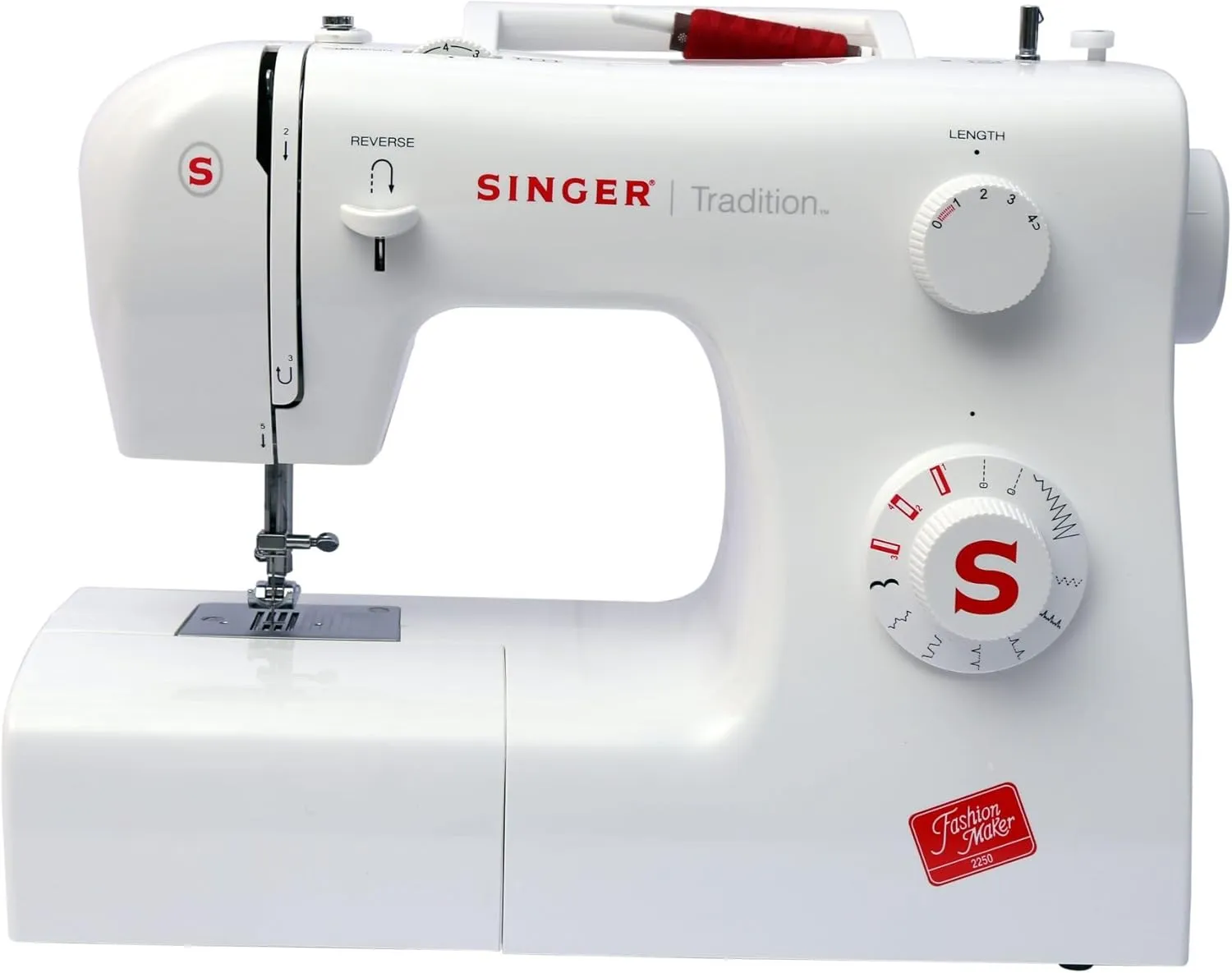 Bild von Singer Tradition 2250 Nähmaschine in Weiß aus Edelstahl mit kompakten Abmessungen von 43 x 22 x 35,2 cm und einem Gewicht von 6 kg