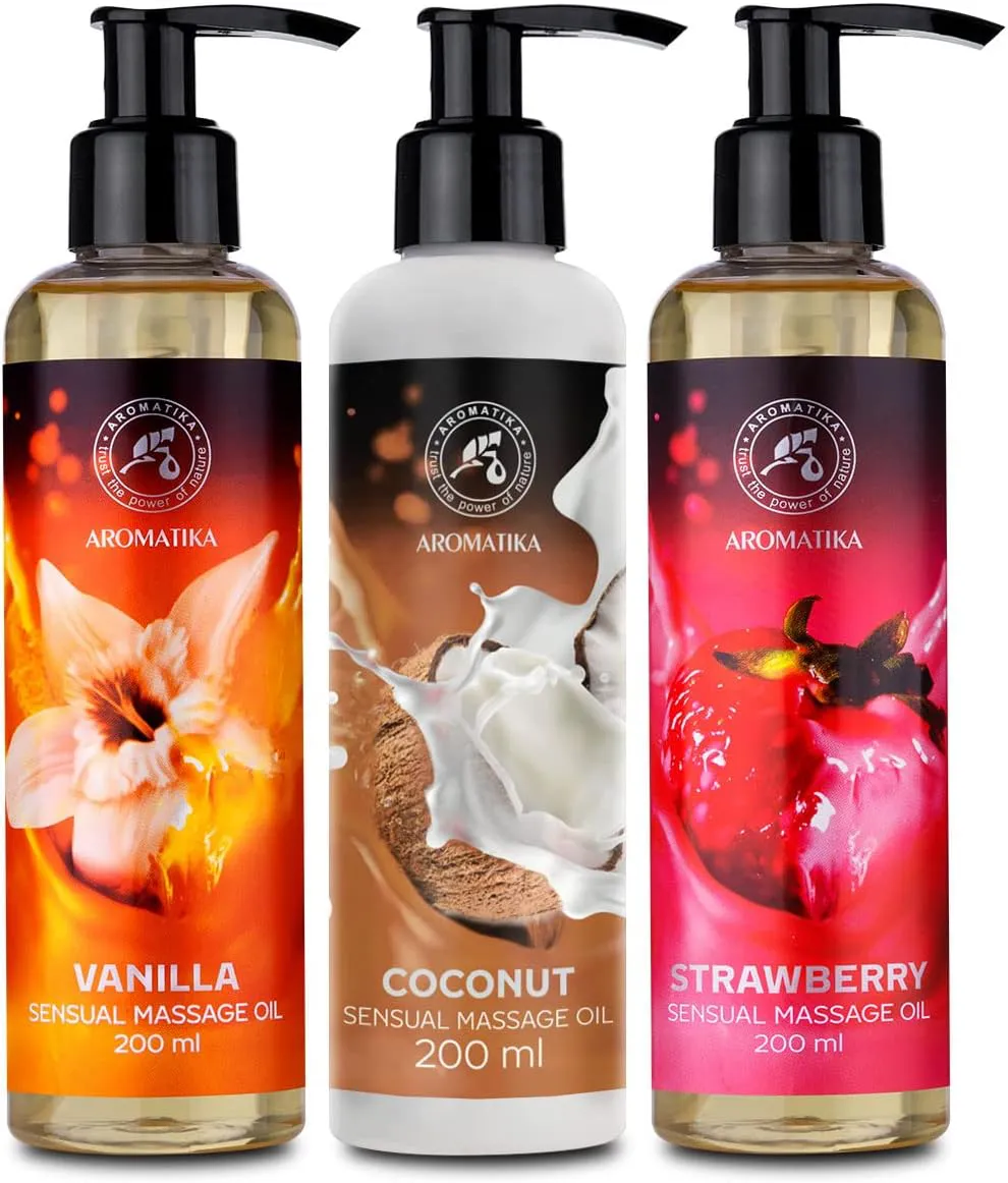 Bild von Sinnliches Massageöl Set mit Vanille, Kokos und Erdbeere, drei Flaschen à 200 ml, mit Mandel- und Traubenkernöl, essbar und natürlich