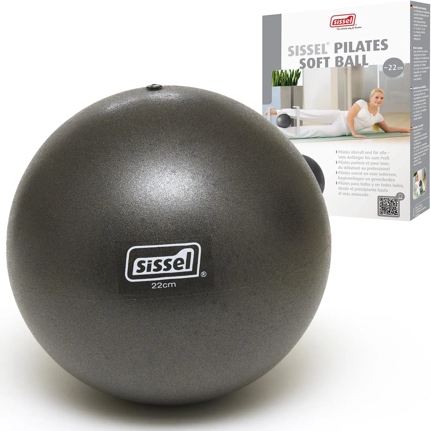 Bild von SISSEL Pilates Soft Ball in Grau und Blau, phthalat- und latexfrei, mit 155 kg Belastbarkeit und Übungsanleitung