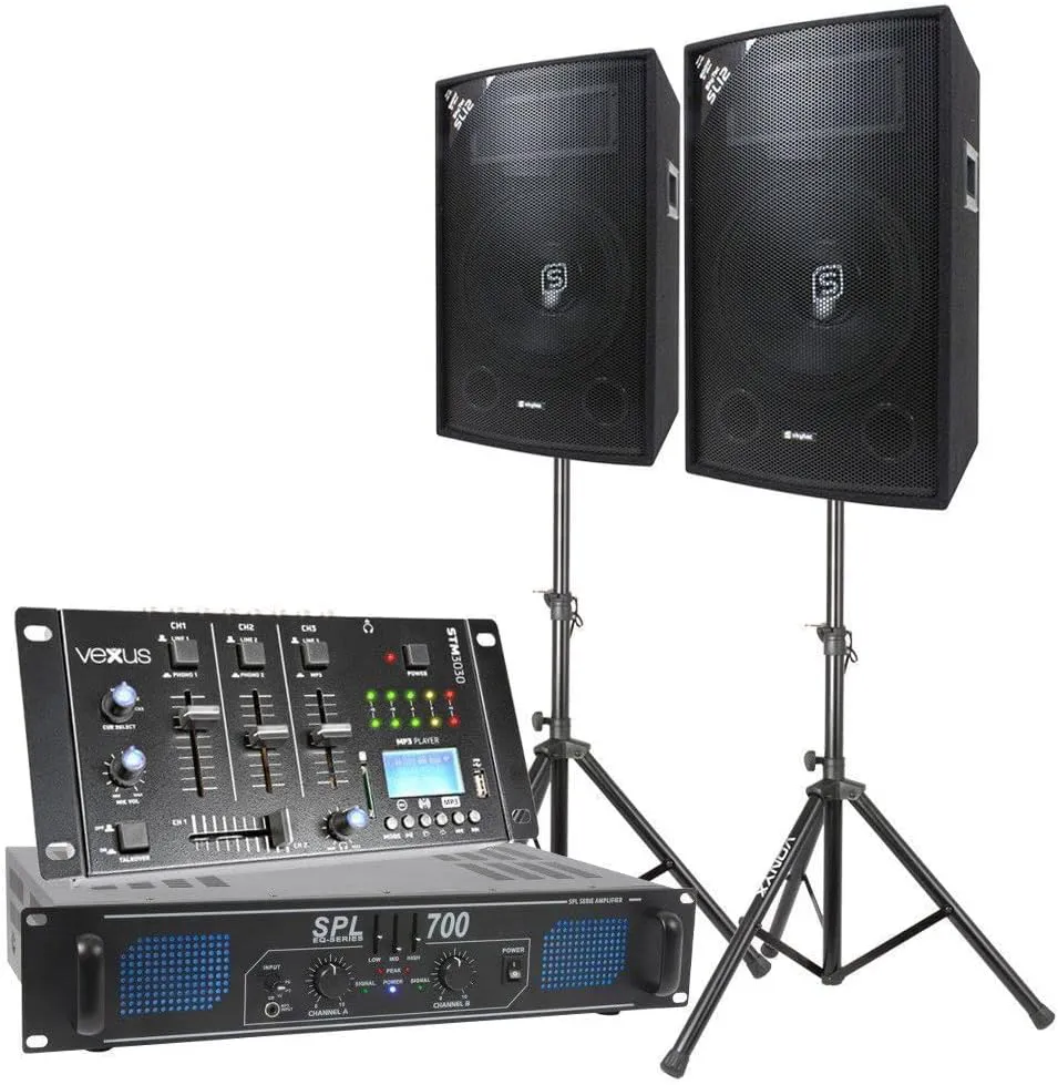 Bild von SkyTec DJ Lautsprecher Set mit 700 Watt, 12 Zoll Boxen, Mischpult, Verstärker, Stativen und Kabeln für Einsteiger