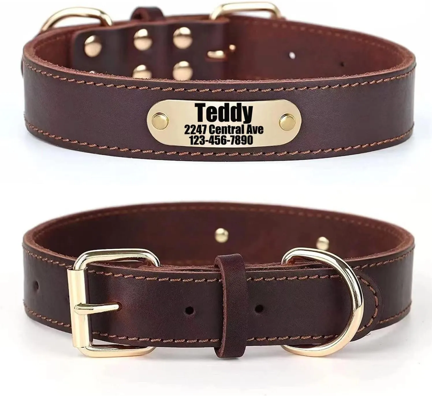 Bild von SLZZ personalisiertes Hundehalsband aus echtem Leder mit Hundename und Telefonnummer, verstellbar für kleine bis große Hunde