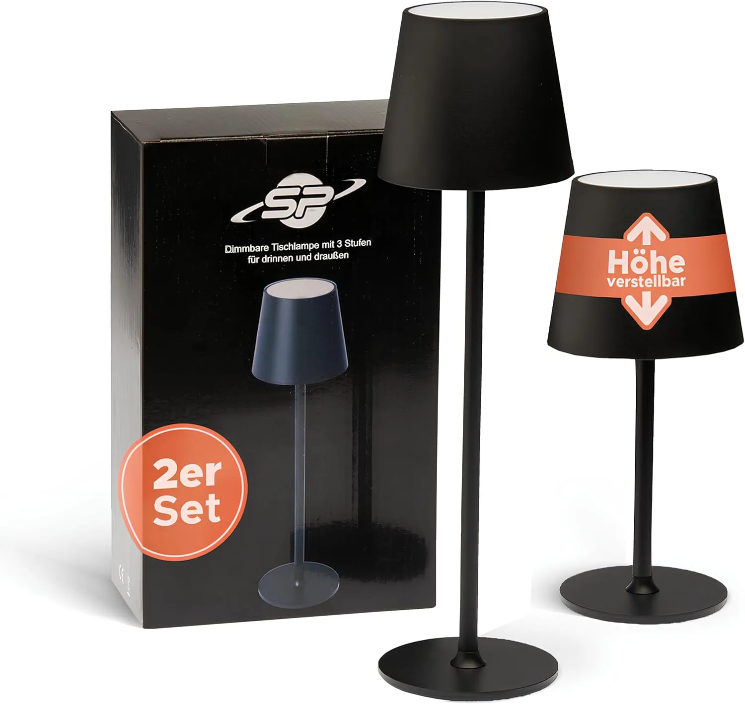 Bild von Smart-Planet 2er Set Metall LED Tischlampen höhenverstellbar und dimmbar in 3 Stufen, kabellos und für den Außenbereich geeignet, mit Akku und USB Anschluss