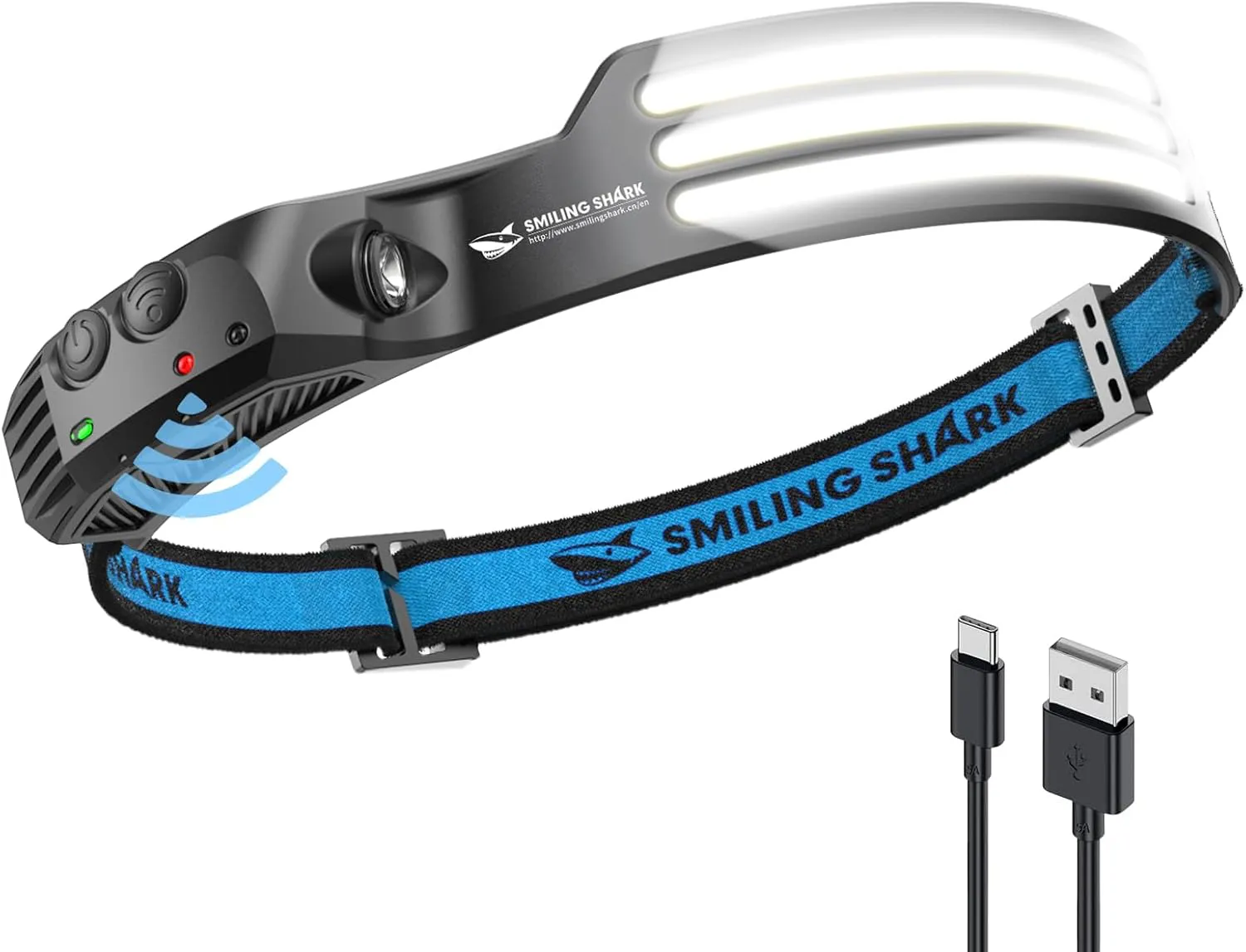 Bild von Smiling Shark Stirnlampe mit 230 Grad Weitwinkel und drei weißen LEDs, wiederaufladbar und wasserdicht, ideal für Camping, Joggen und Angeln