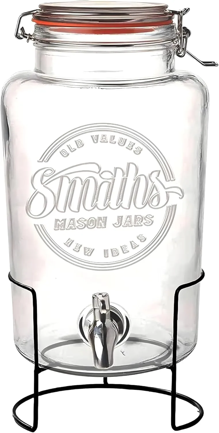 Bild von Smith's 5 Liter Mason Jar mit Edelstahl-Zapfenhahn, herausnehmbaren Netzfiltern und Metallständer, ideal für Limonade und DIY Getränke