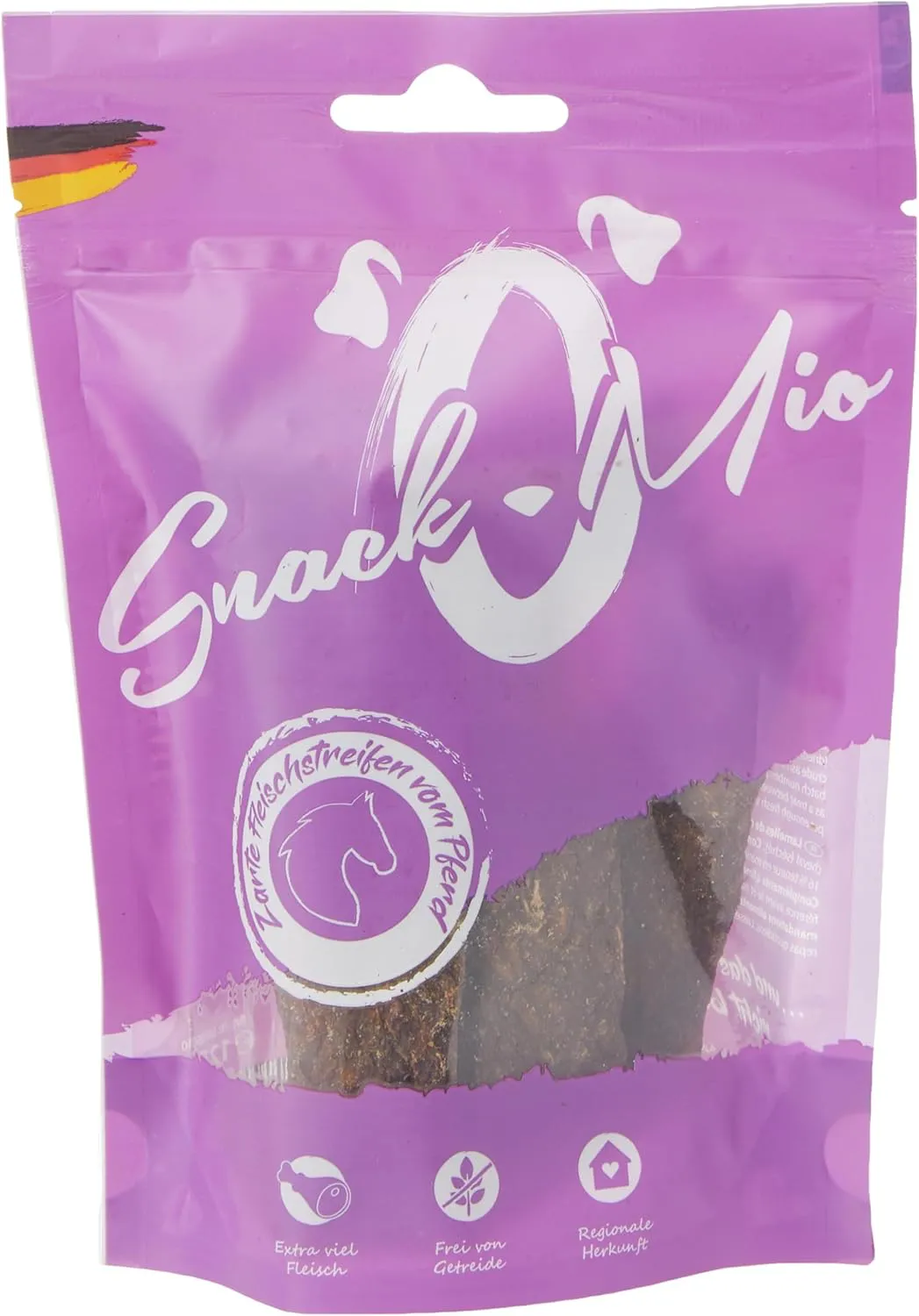 Bild von SnackOMio Premium Hundesnack mit zarten Pferdefleischstreifen, getreidefrei, 125g Packung