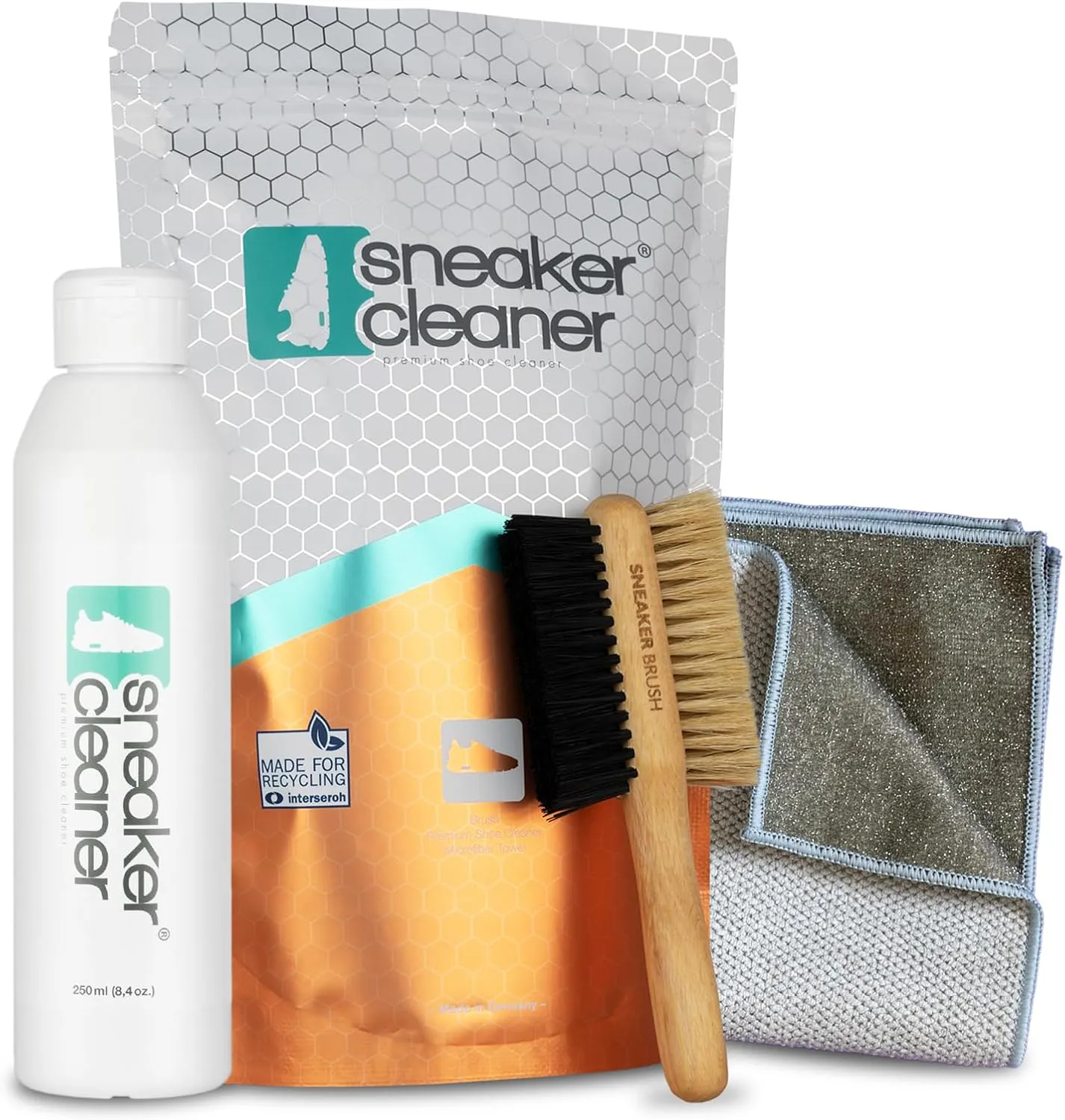 Bild von Sneaker Cleaner Reinigungsset mit 250ml Schuhreiniger, Naturholzbürste und Mikrofasertuch