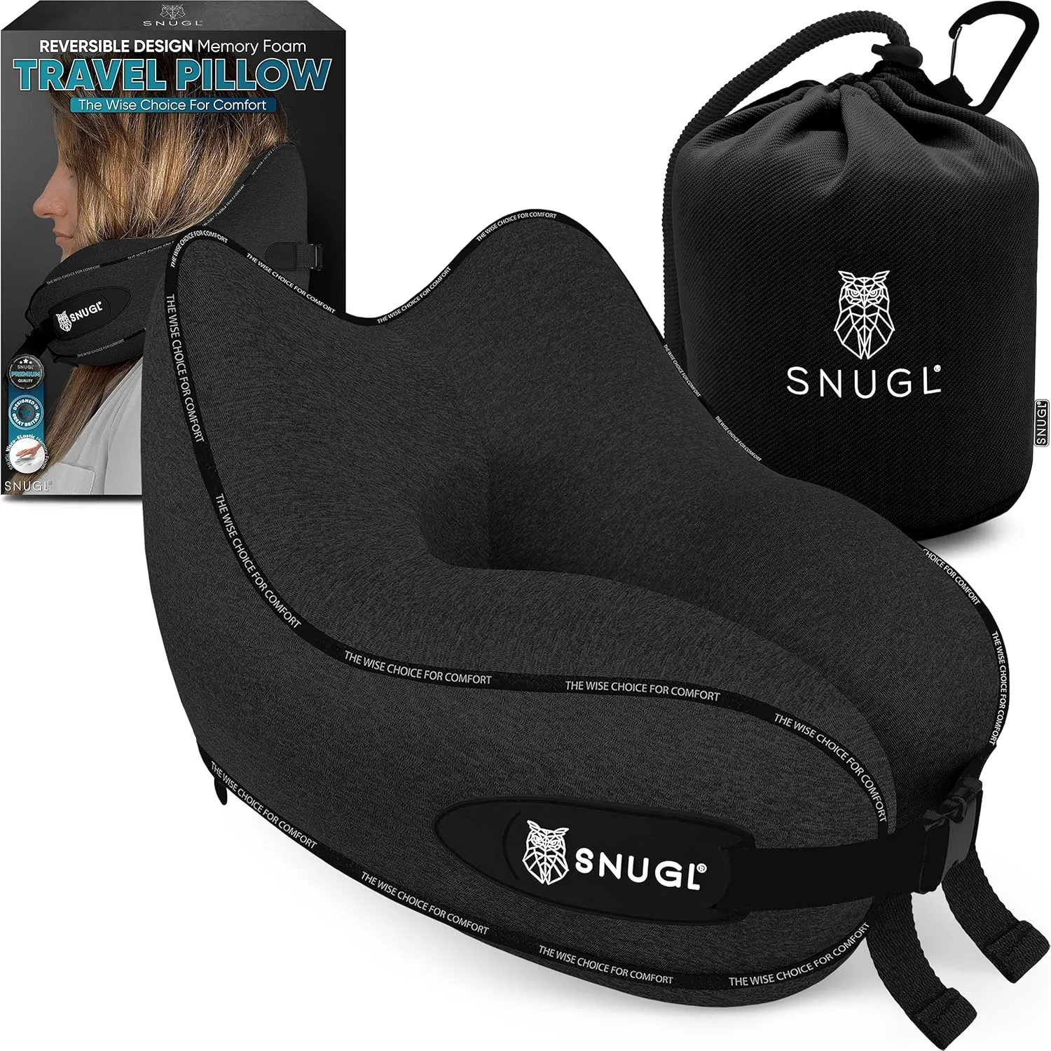 Bild von SNUGL Nackenkissen aus Memory Foam, waschbar und verstellbar, ideal für Reisen im Flugzeug oder Auto, in Schwarz für Erwachsene