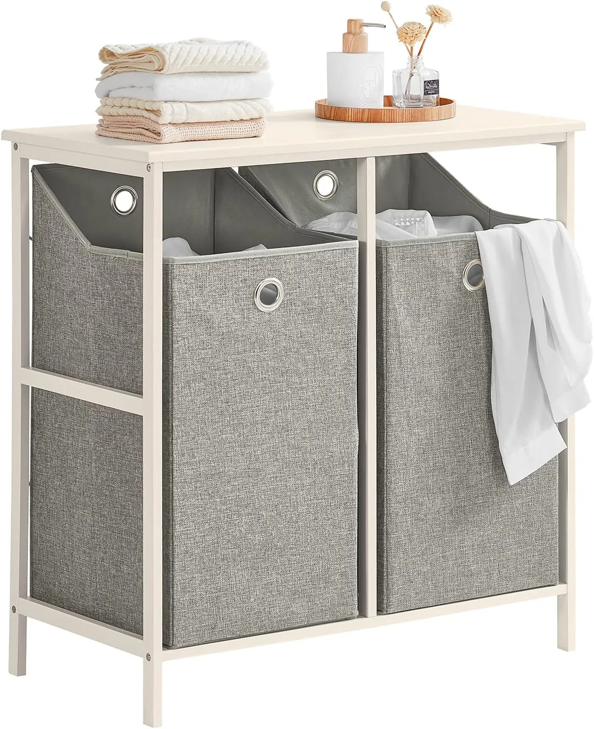 Bild von SoBuy BZR57-W Wäscheschrank in Hellgrau mit 2 abnehmbaren Wäschesäcken, Maße 77x80x38 cm