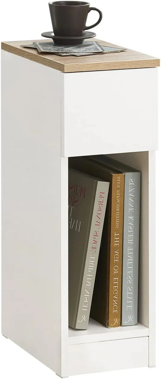 Bild von SoBuy FBT111-WN Nachttisch in Weiß mit Schublade, schmaler Beistelltisch für Boxspringbett, Maße 20x60x35 cm