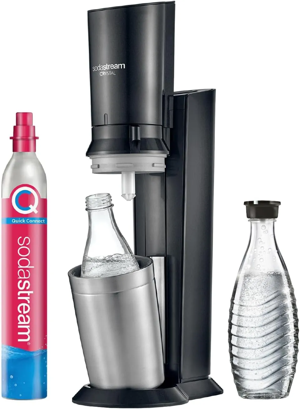 Bild von SodaStream Crystal 3.0 Wassersprudler in Silber und Schwarz mit einem CO2-Zylinder und zwei Glaskaraffen