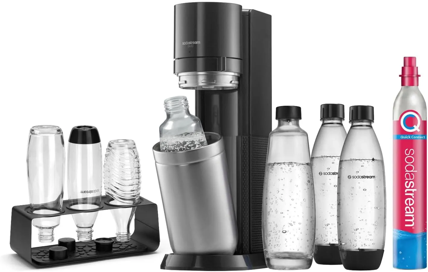 Bild von SodaStream DUO Comfort-Set mit Quick-Connect CO2-Zylinder, 2 Glasflaschen und 2 spülmaschinengeeigneten FUSE Kunststoffflaschen in Titanfarbe