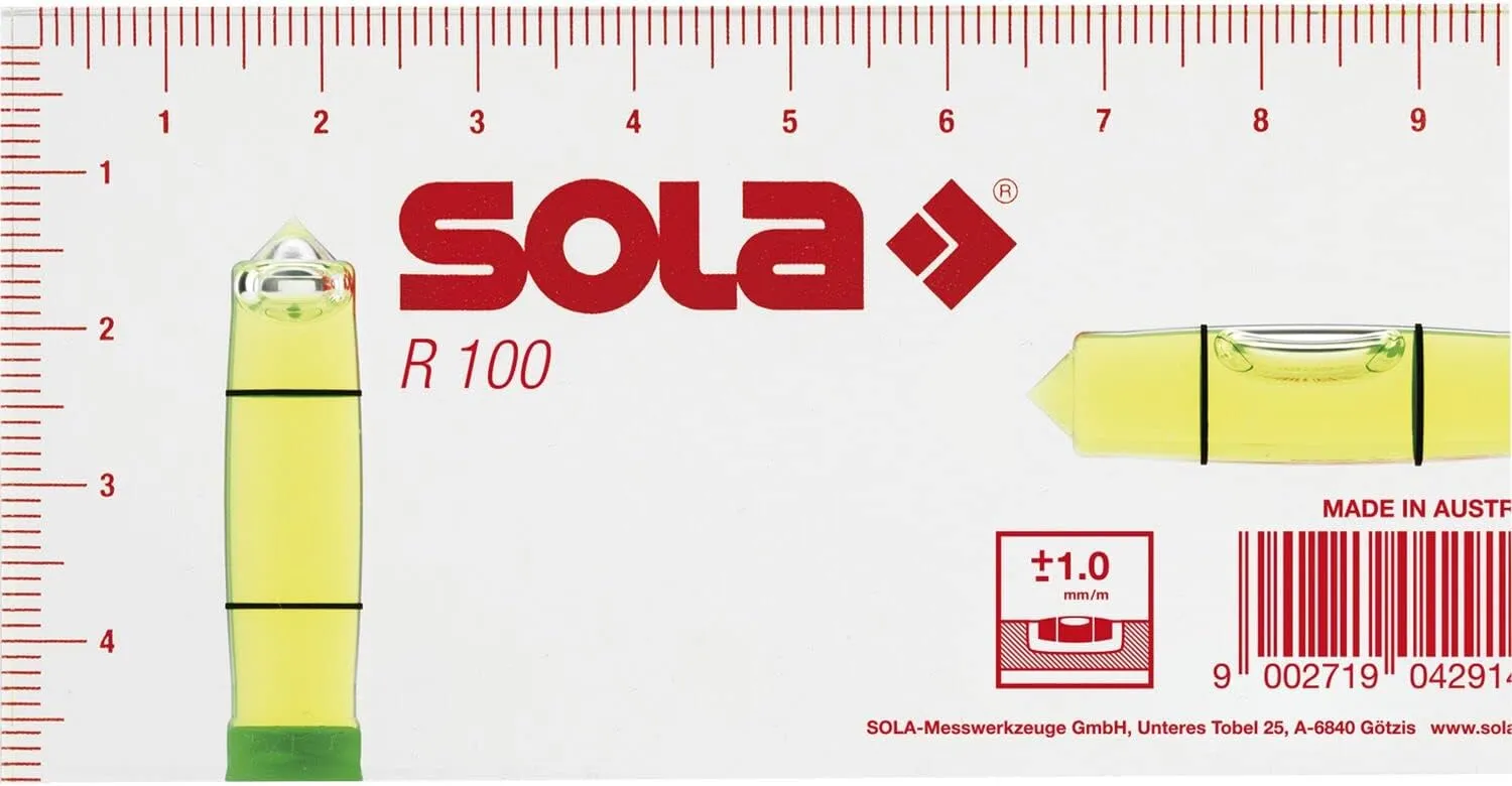 Bild von SOLA R100 Wasserwaage mit den Abmessungen 100 x 50 x 15 mm