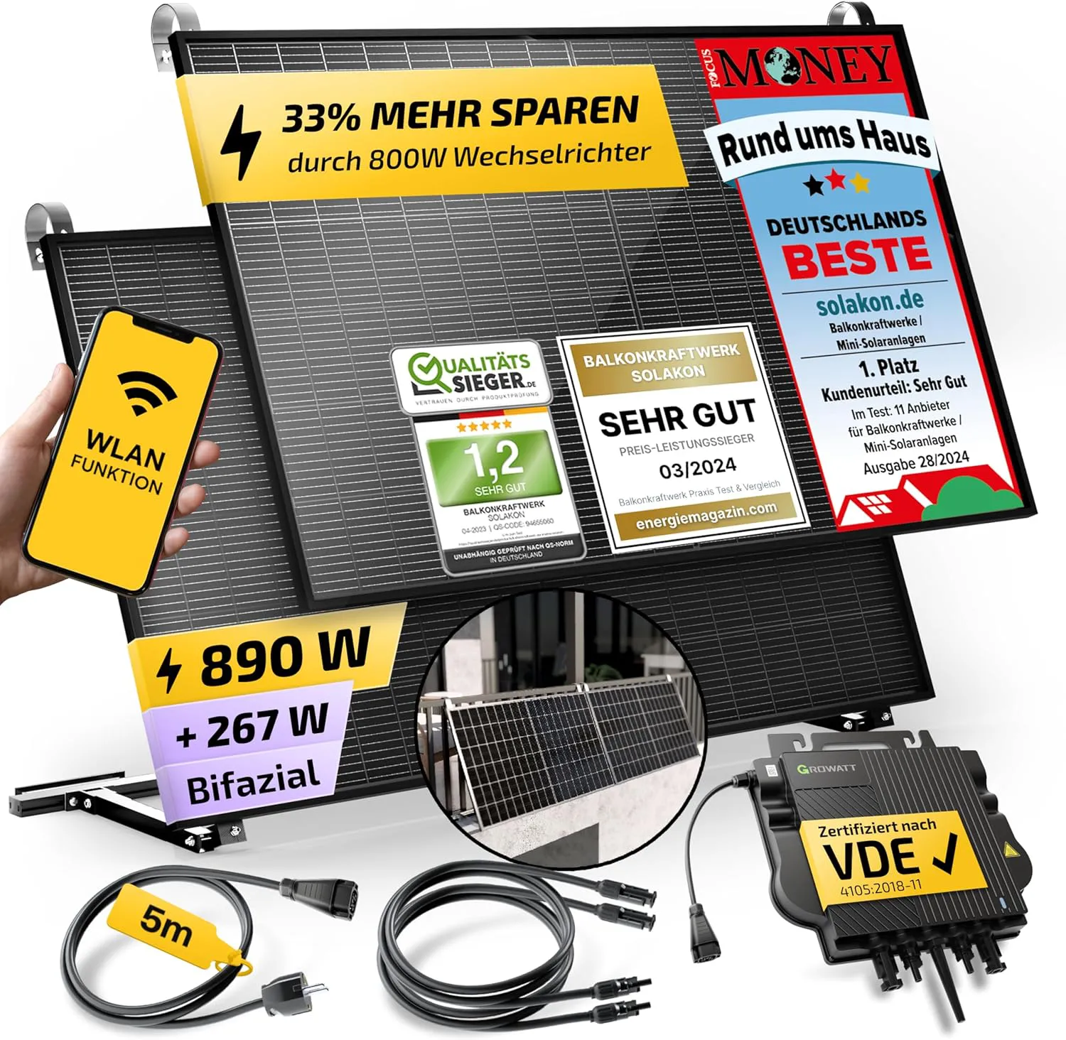 Bild von Solakon Balkonkraftwerk 890W Komplettset mit Halterung und 445W bifazialen Solarmodulen