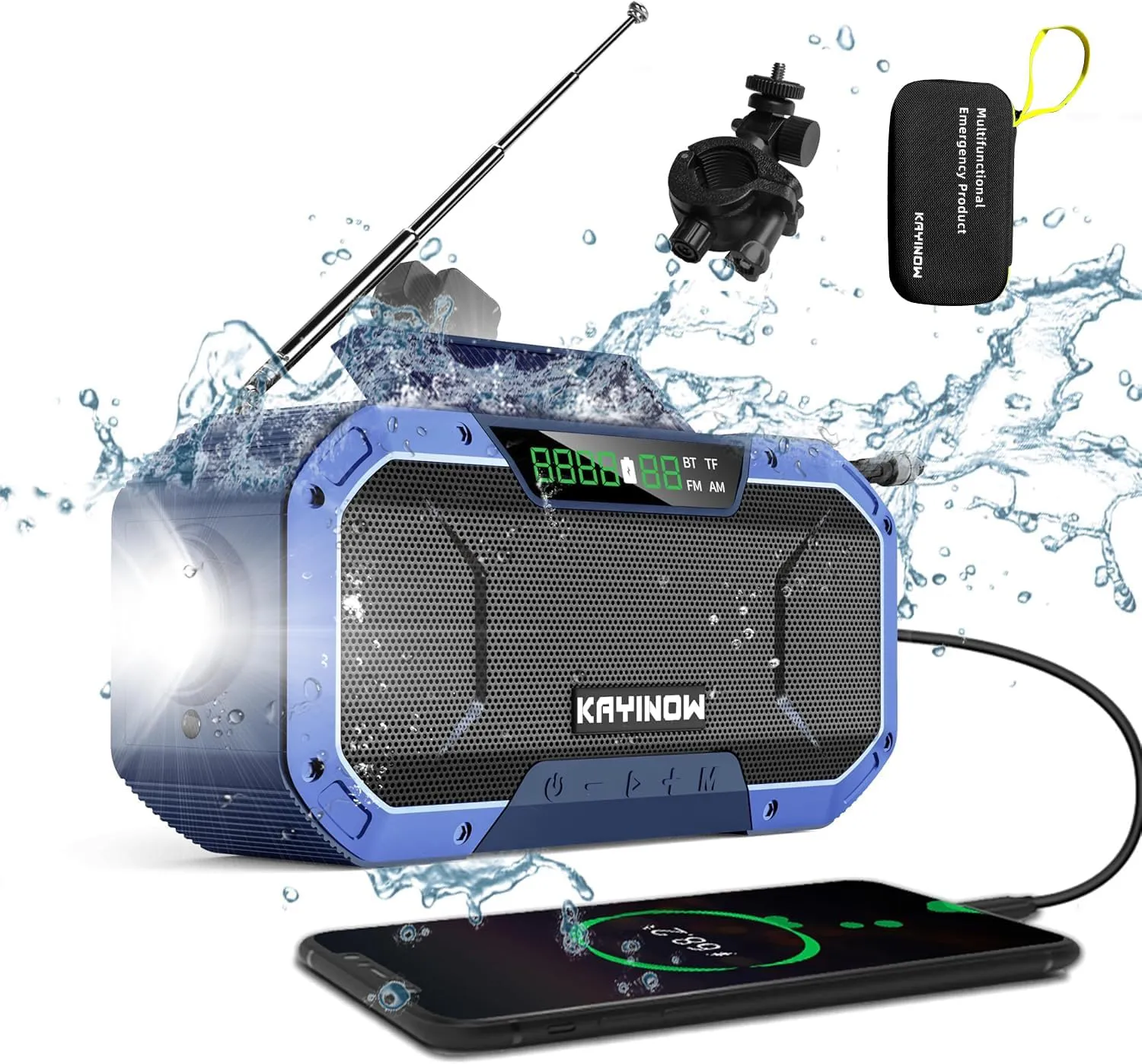 Bild von Solar Kurbelradio mit Bluetooth und Handy-Ladefunktion, wasserdicht nach IPX5, 5000mAh Akku, ideal für Camping und Outdoor, inklusive Fahrradhalterung und Taschenlampe