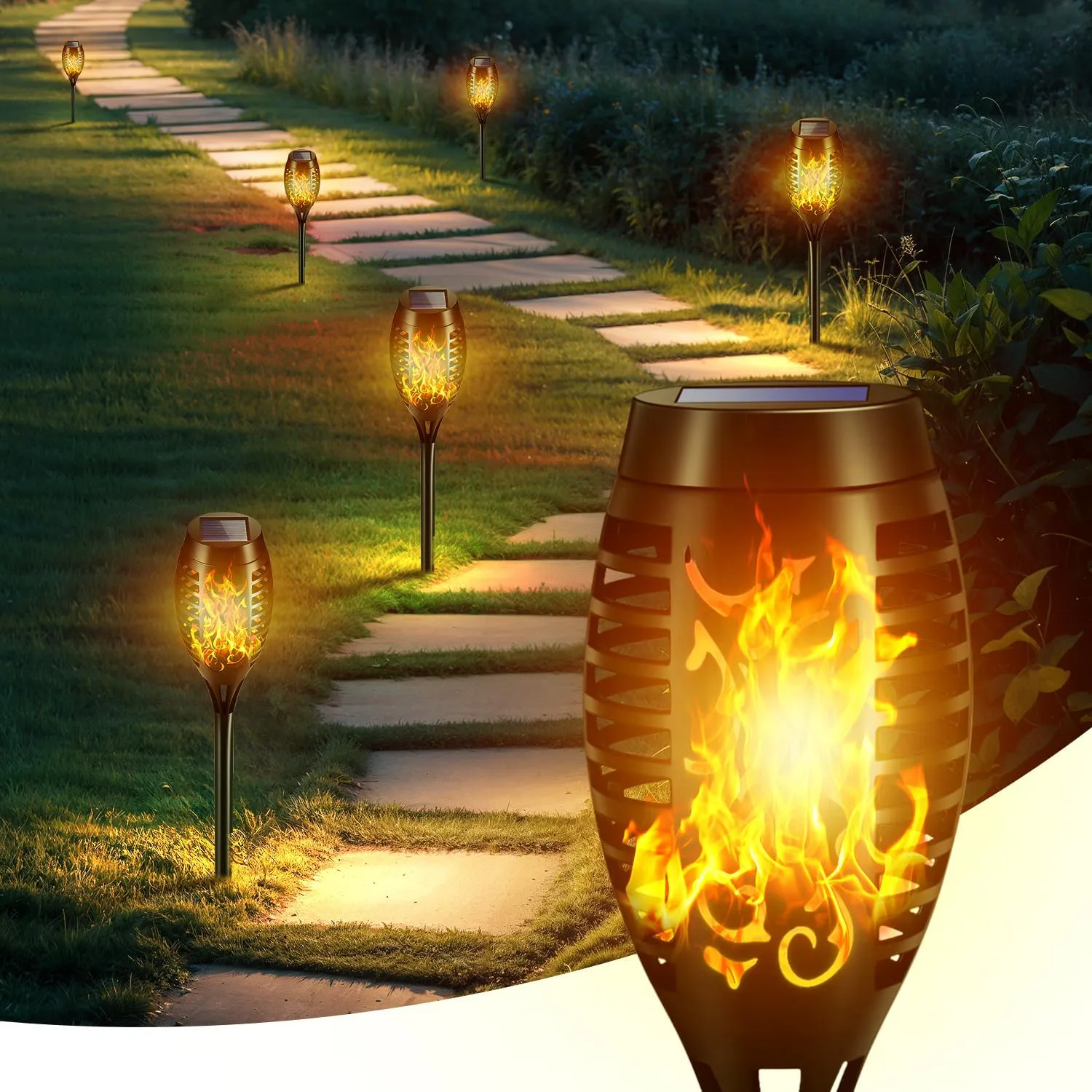 Bild von Solarlampen Set mit 4 wasserdichten Fackeln für den Garten, automatisches Ein und Aus