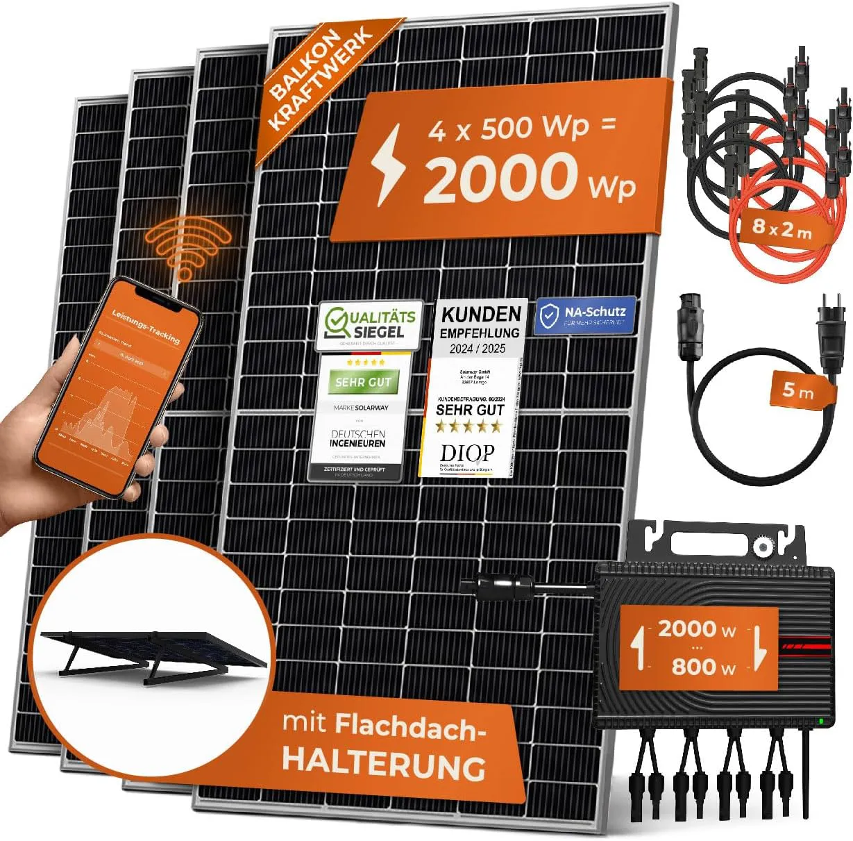 Bild von Solarway Balkonkraftwerk Komplettset mit 2000W Wechselrichter und 500W Solarmodulen