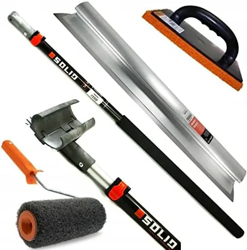 Bild von SOLID SET Flächenspachtel aus Edelstahl mit teleskopierbarer Aluminiumstange und Stielaufnahme, inklusive Reibebrett aus Kunststoff mit Schwammgummi und Rollspachtel, 100 cm, Made in EU