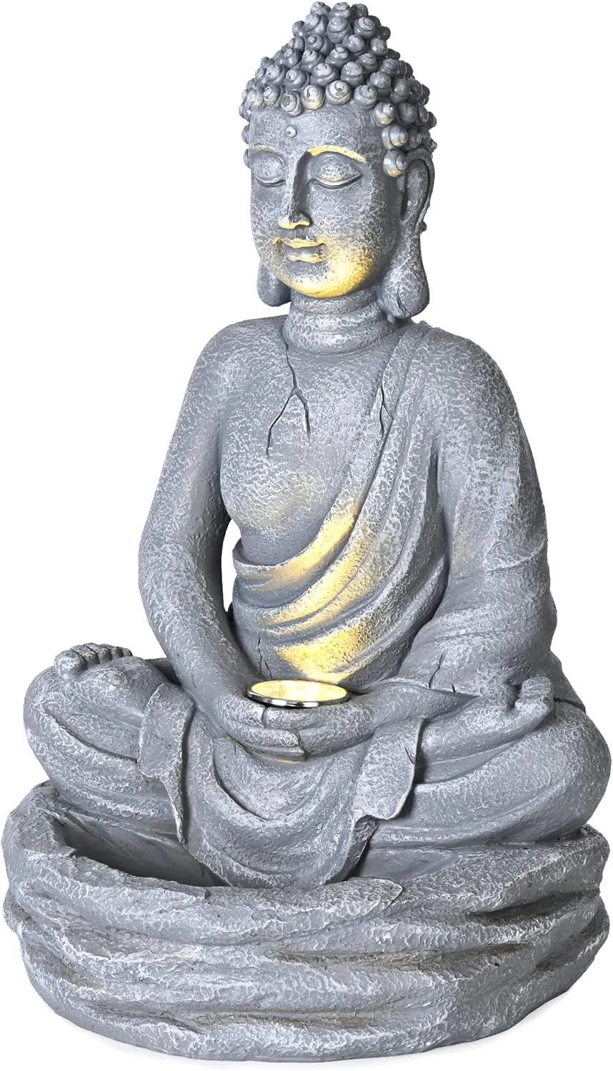 Bild von Solpex Buddha Blumentopf Leuchte aus Harz, 33 cm, für Garten und Terrasse, grau
