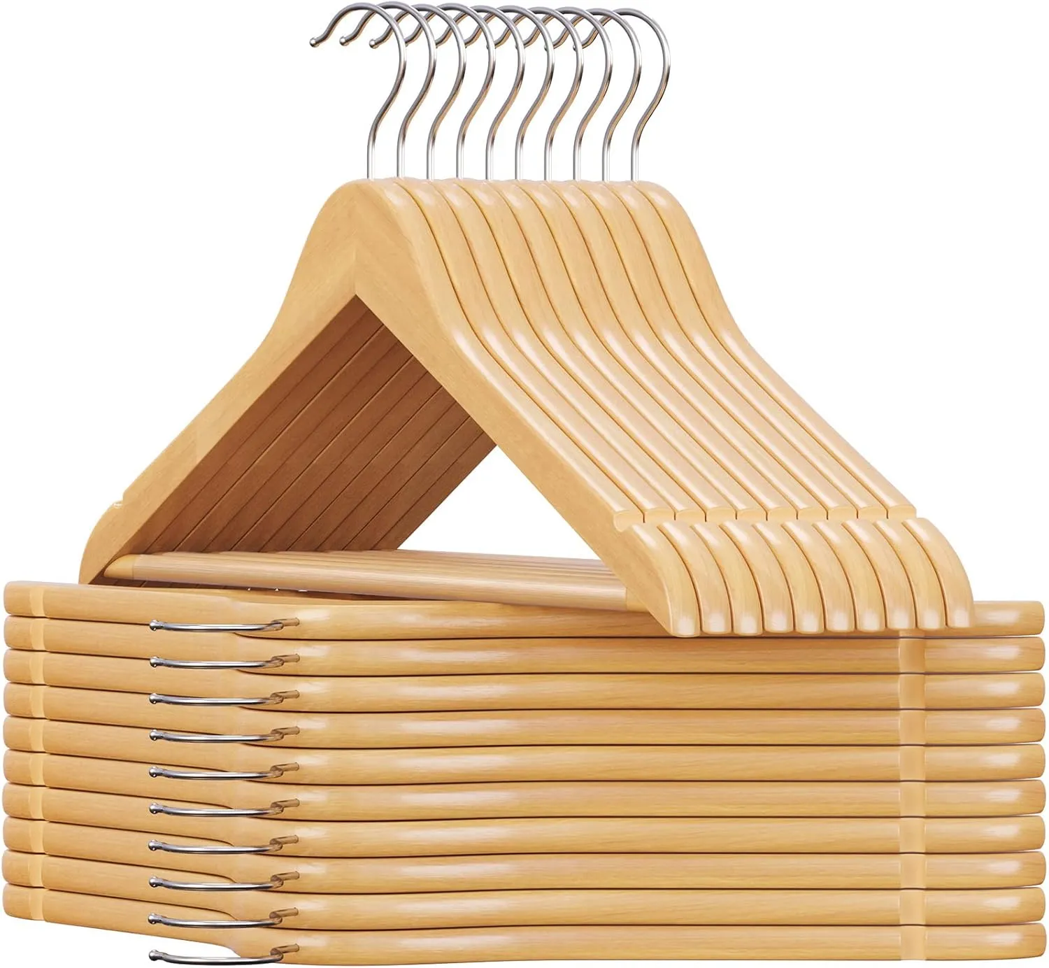 Bild von SONGMICS CRW001-20 Holz Kleiderbügel Set mit 20 Stück, rutschfester Hosensteg und drehbarem Haken