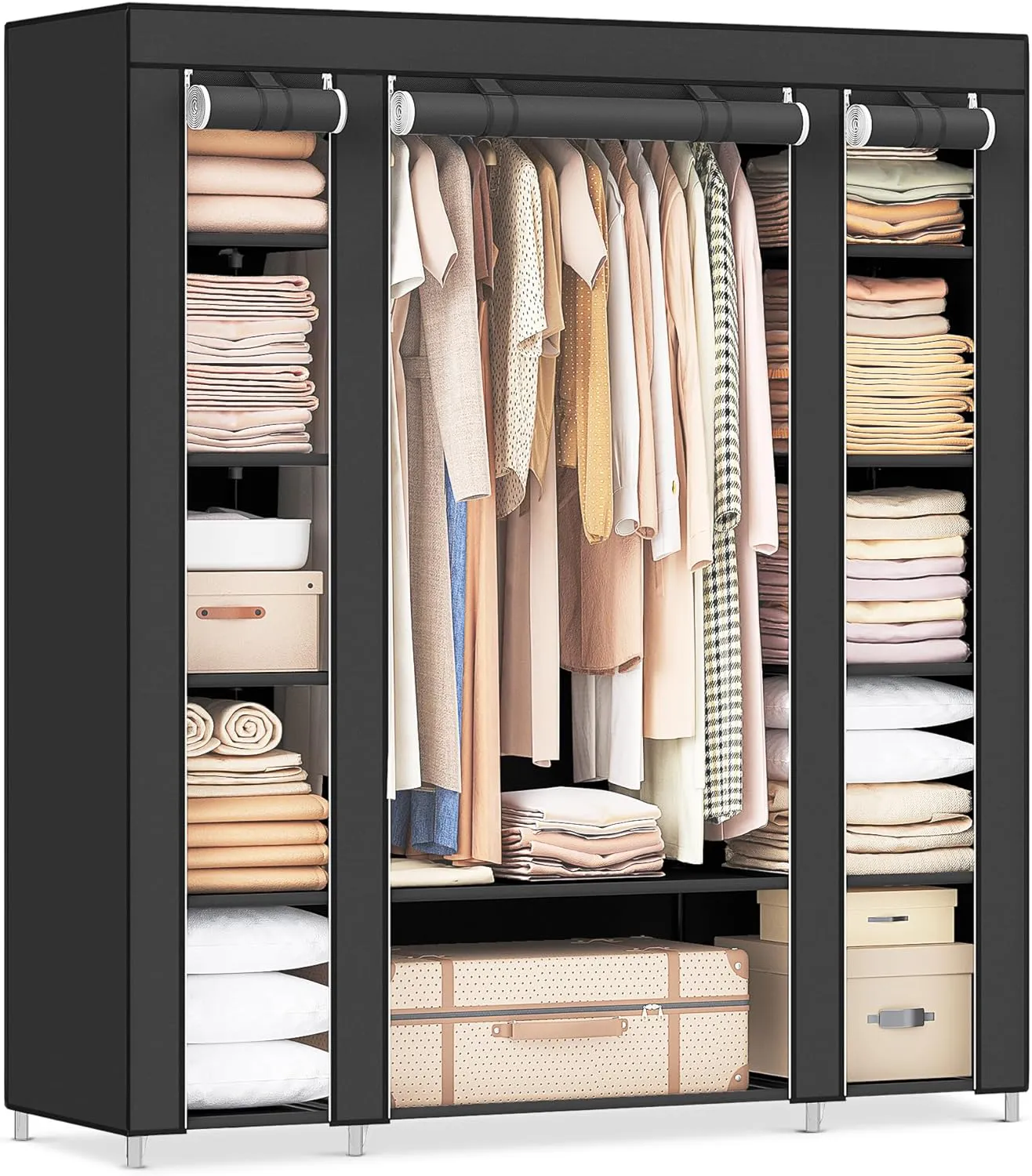 Bild von SONGMICS Kleiderschrank LSF03H aus Stoff mit Kleiderstange und Ablagen in Schwarz, Maße 150 x 45 x 175 cm