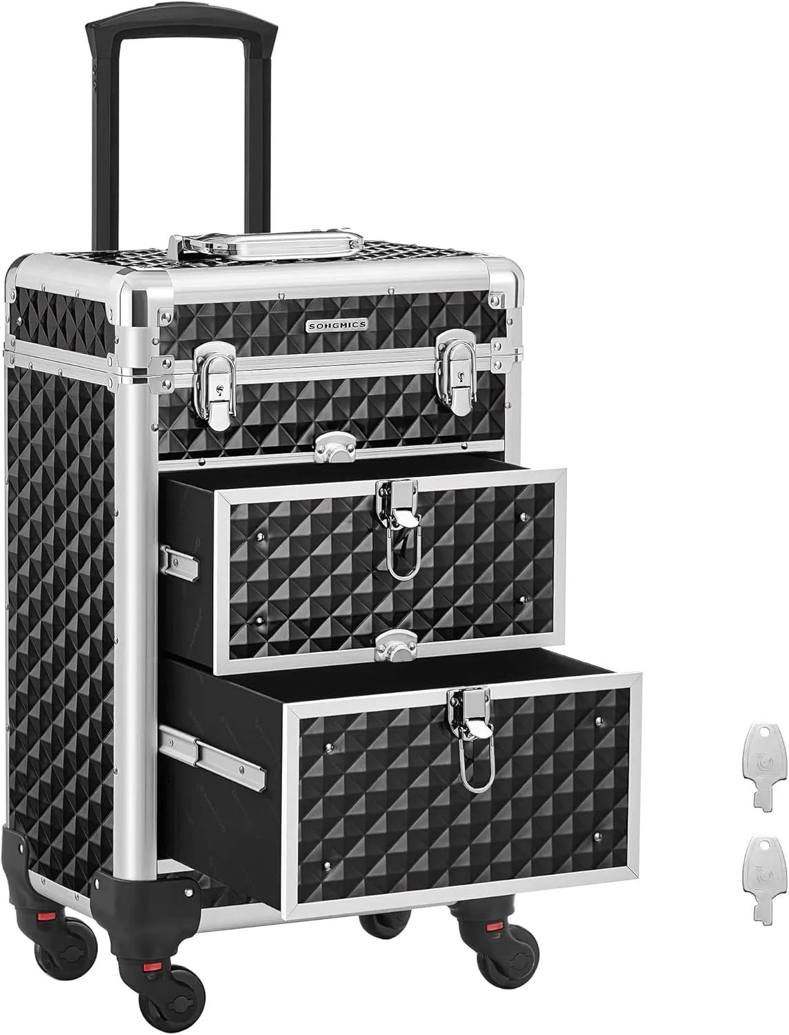 Bild von SONGMICS Kosmetikkoffer Trolley JHZ08BK mit 2 Schubladen und 360° drehbaren Rollen, ideal für Reisen und Friseure, Maße 34 x 24 x 56 cm, in Schwarz