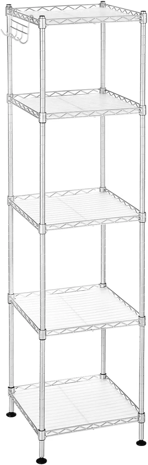 Bild von SONGMICS LGR023S01 Badezimmerregal aus Metall mit 5 abnehmbaren Haken, belastbar bis 100 kg, 30 x 30 x 123,5 cm, erweiterbar und ideal für kleine Räume, silbern-transparent