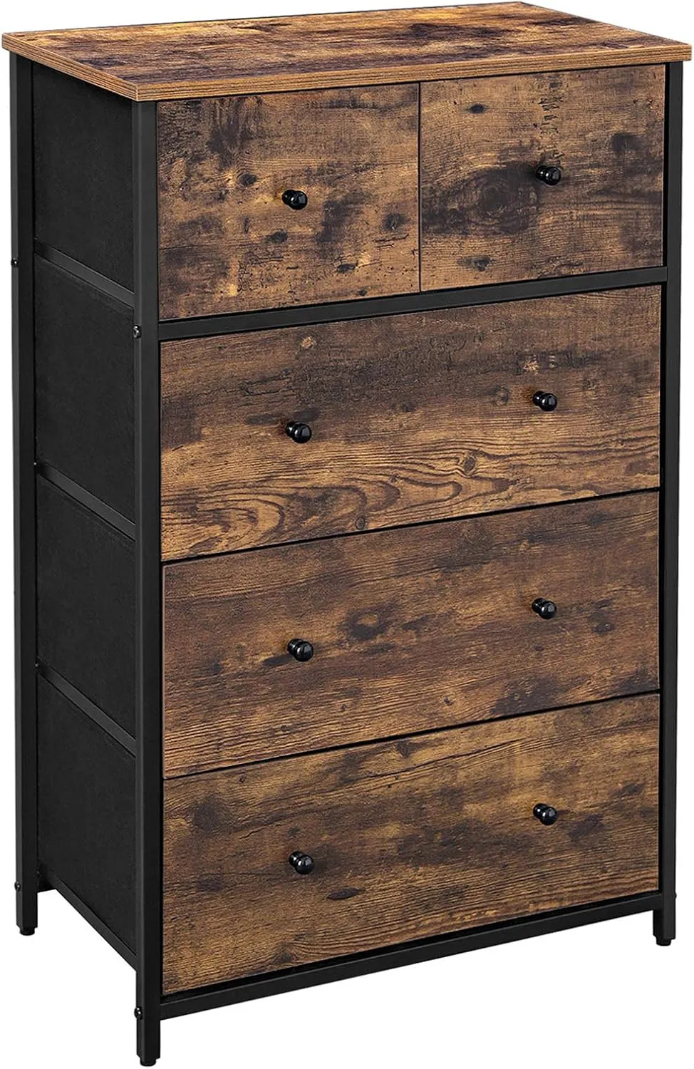 Bild von SONGMICS LGS45H Kommode mit 5 Schubladen aus Stoff im industriellen Stil, geeignet für Wohnzimmer, Flur und Kinderzimmer in Braun und Schwarz