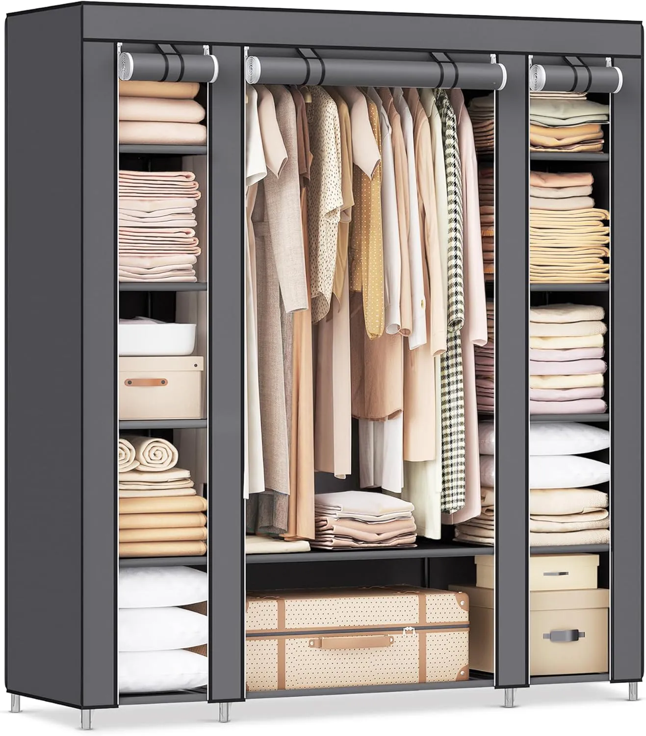 Bild von SONGMICS LSF03G Kleiderschrank aus Stoff mit 12 Fächern und Kleiderstange, grau, Maße 150 x 45 x 175 cm